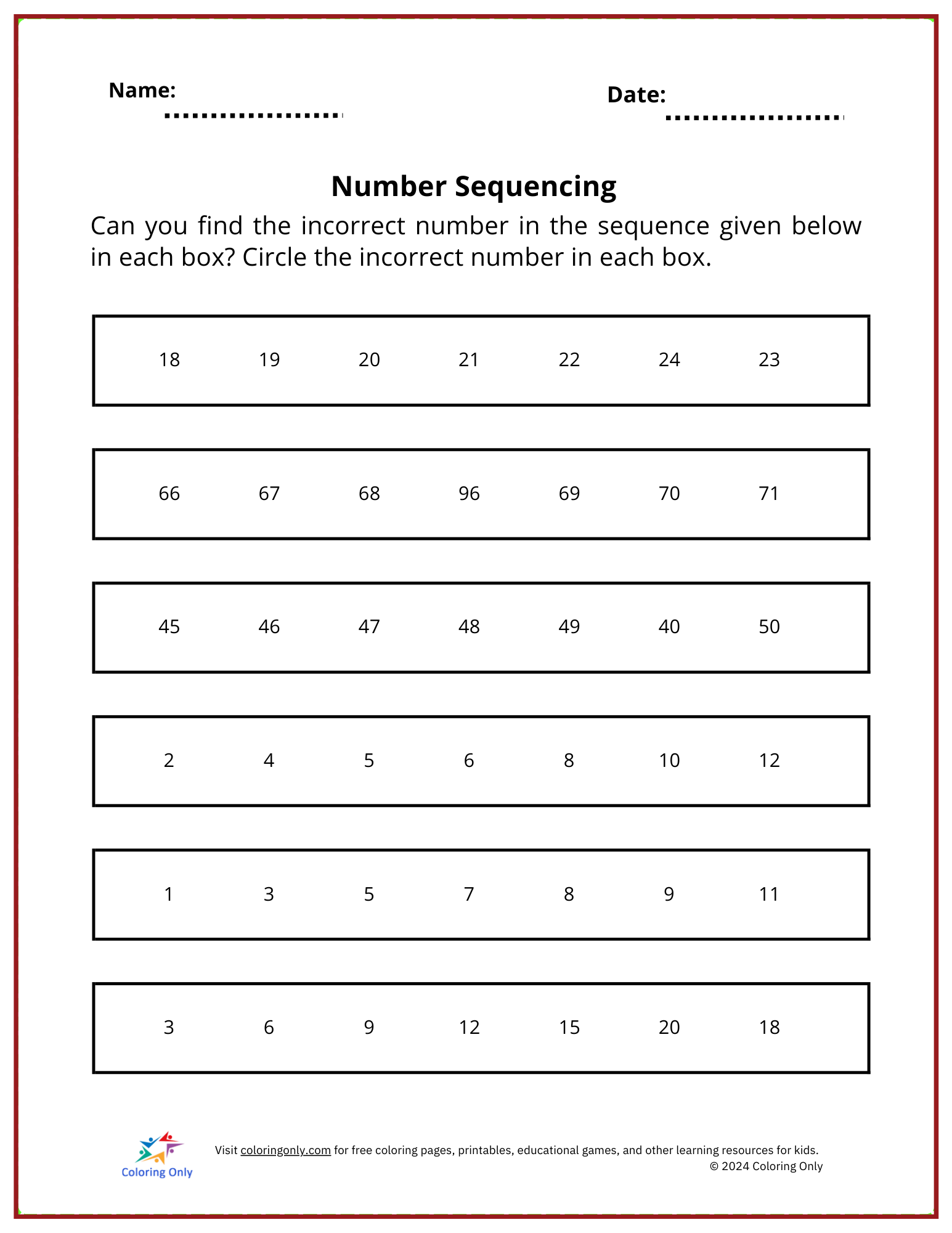 Number Sequencing Free Printable Worksheet