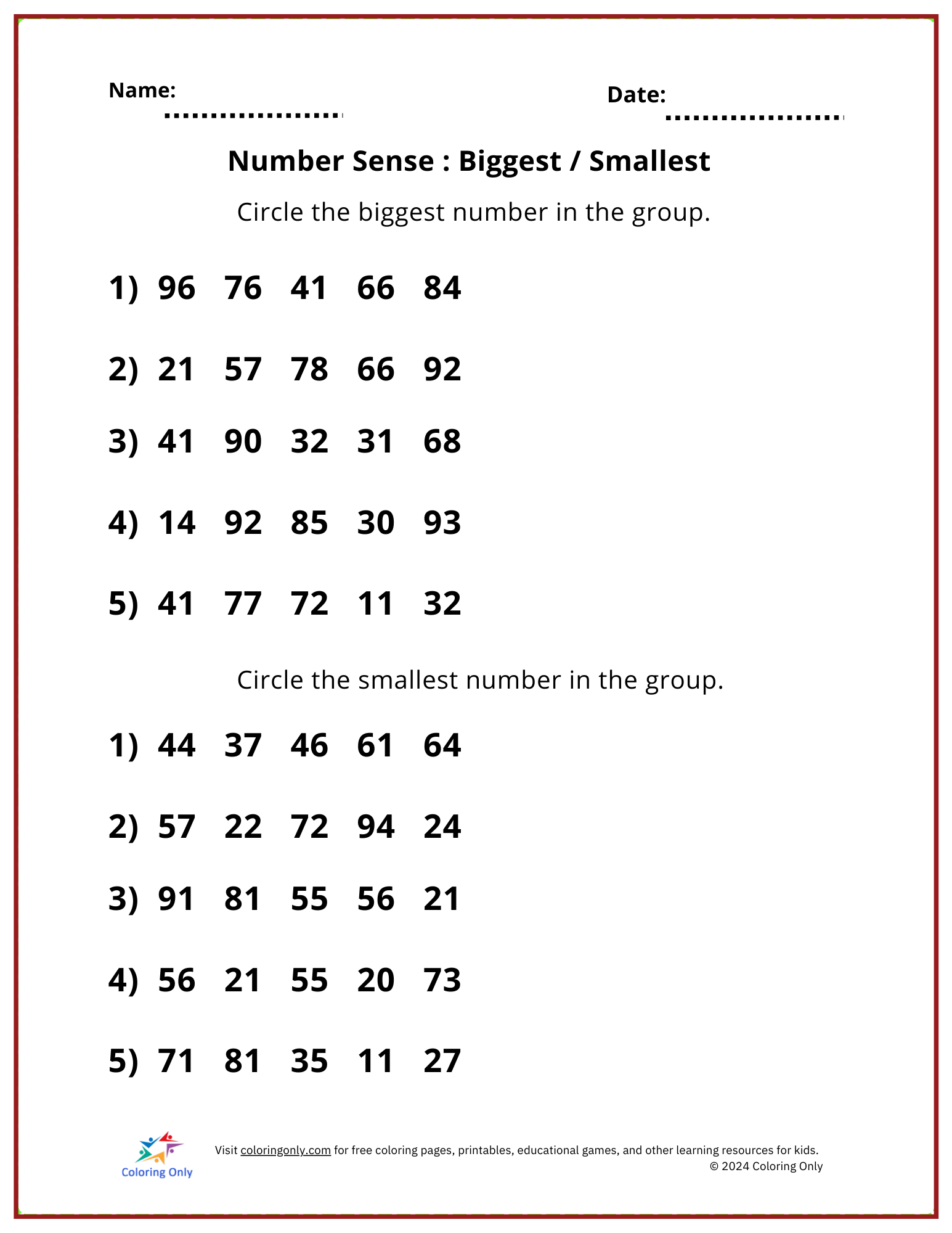 Number Sense: Biggest / Smallest Free Printable Worksheet