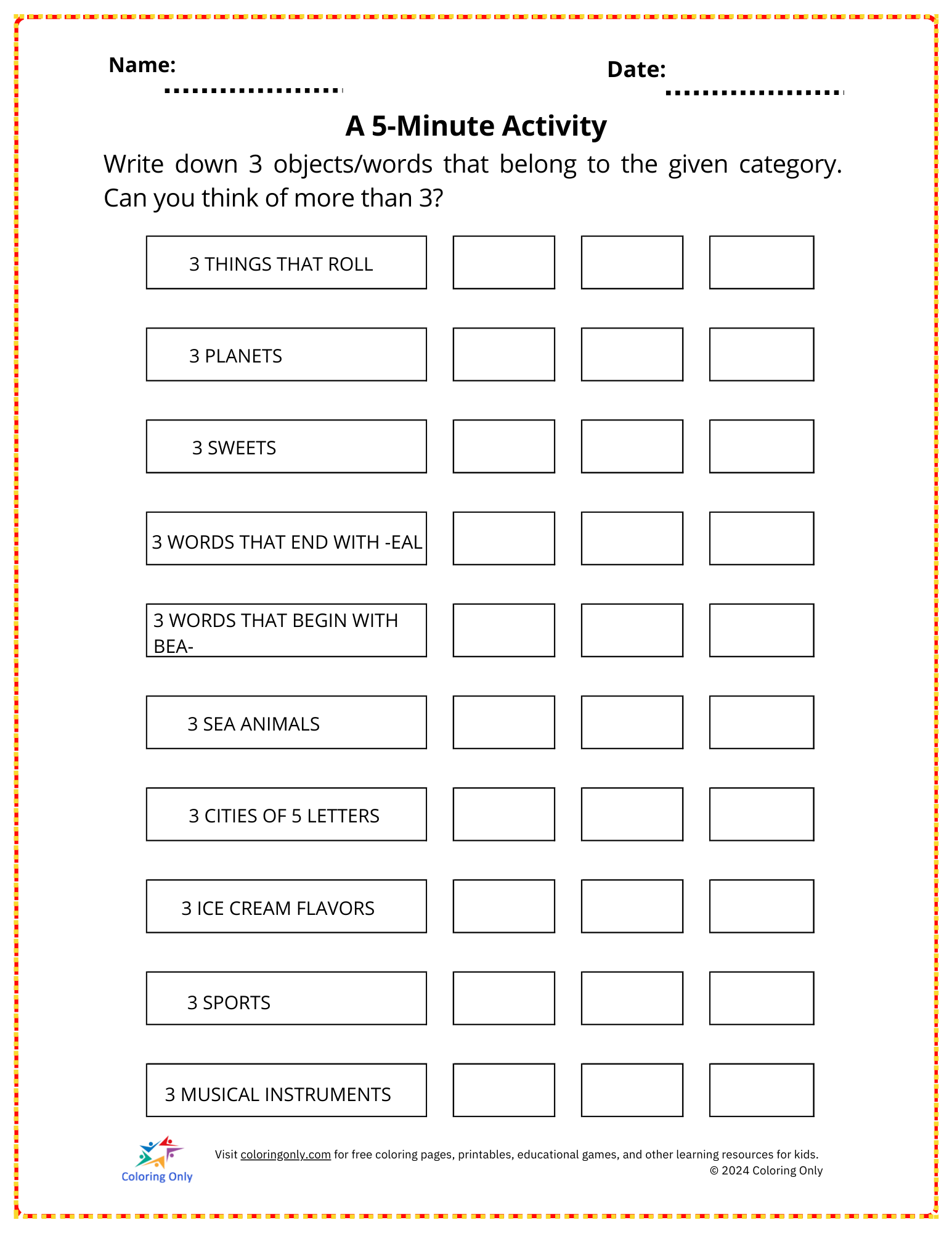 A 5-Minute Activity Free Printable Worksheet