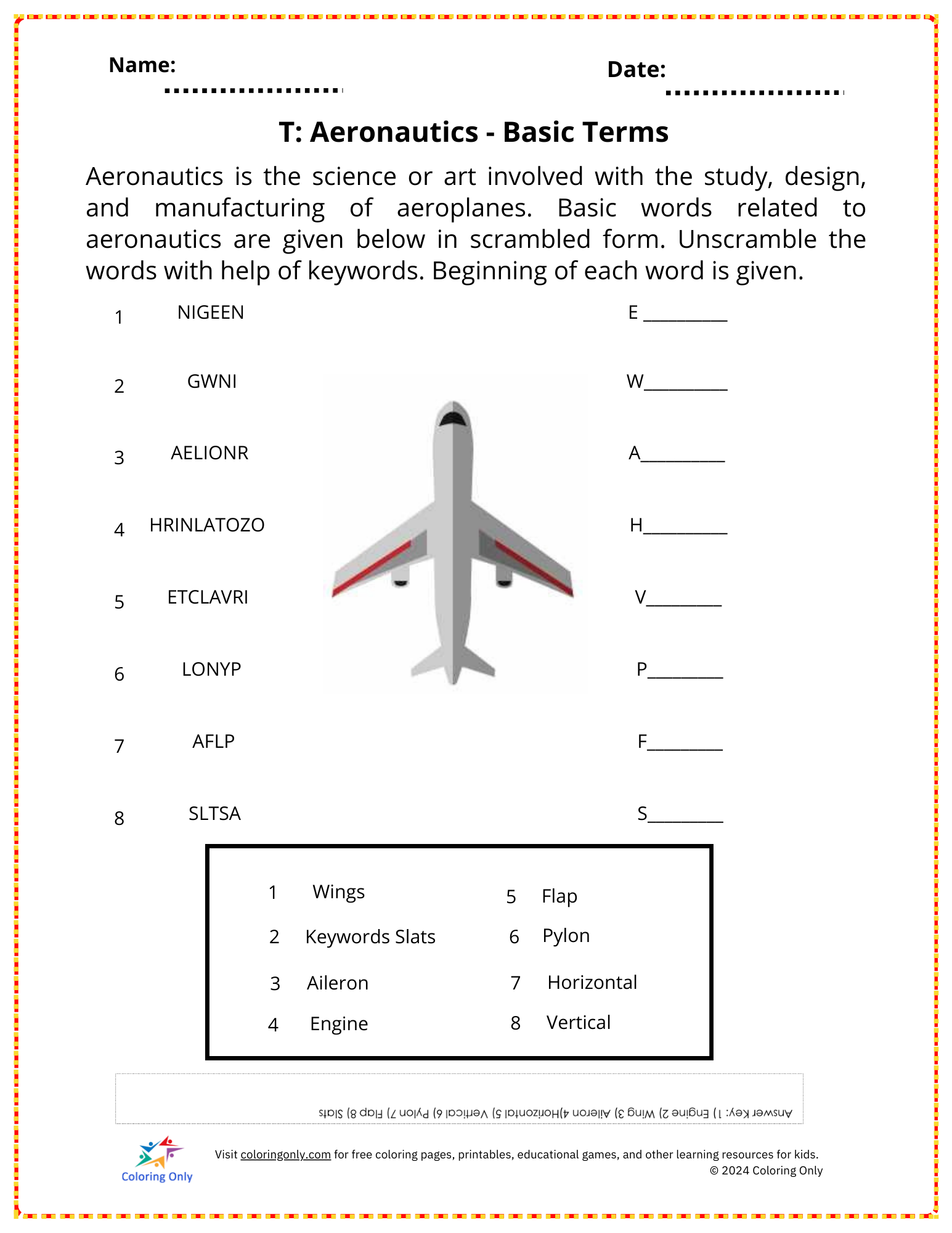 T: Aeronautics – Basic Terms Free Printable Worksheet