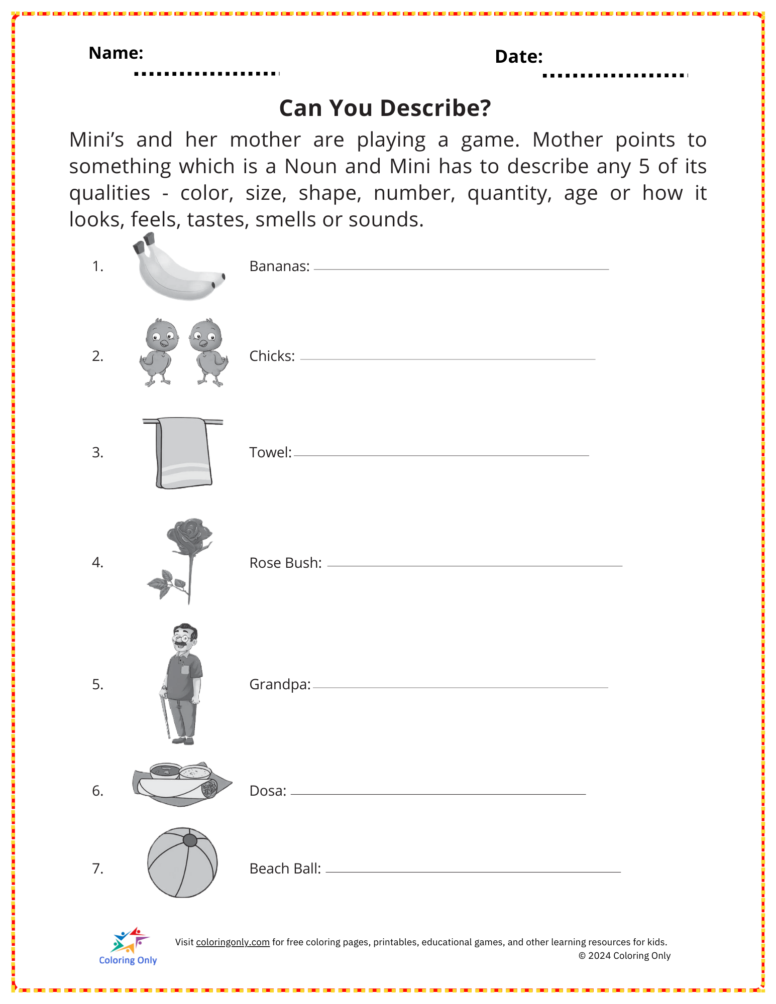 Can You Describe? Free Printable Worksheet