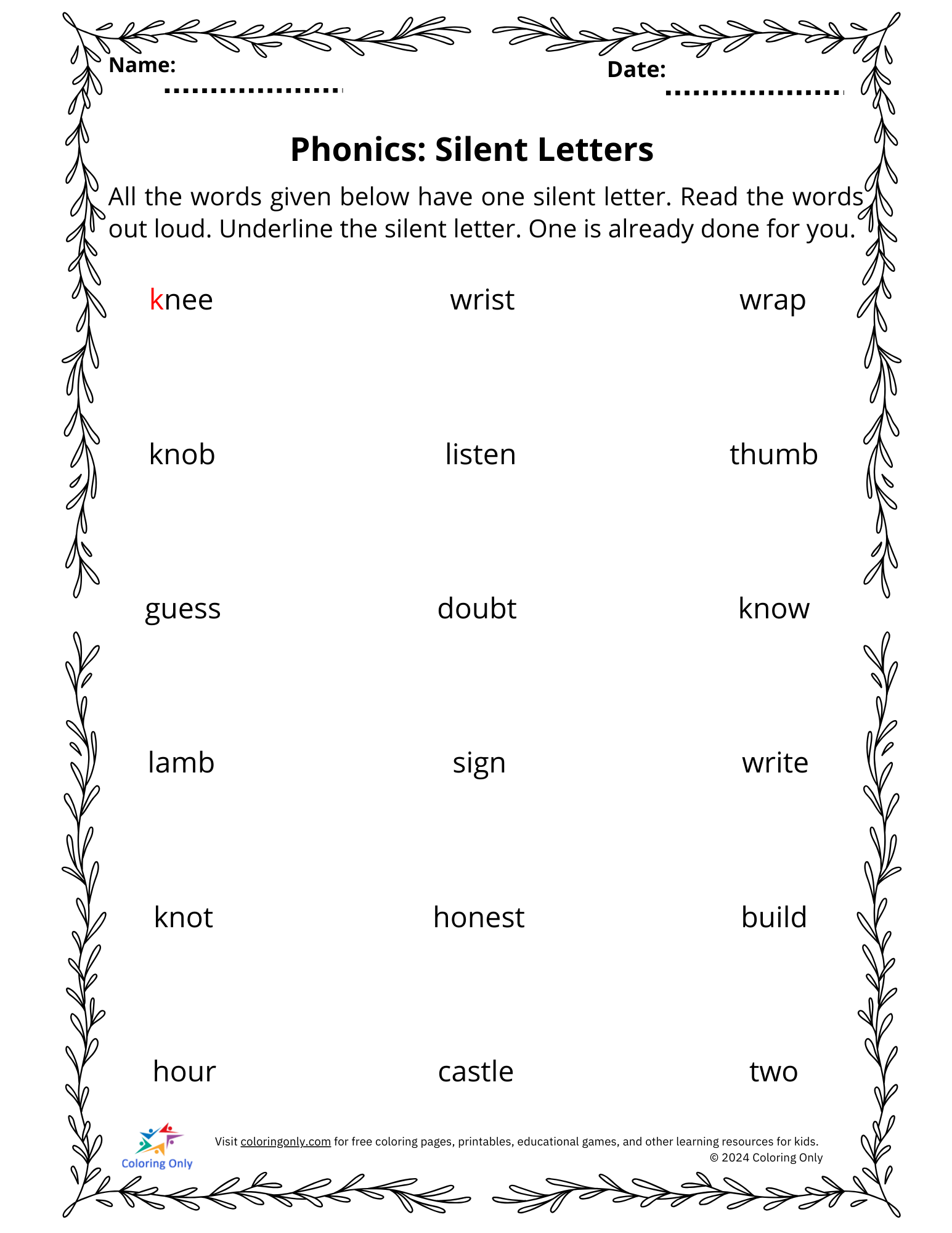 Phonics: Silent Letters Free Printable Worksheet