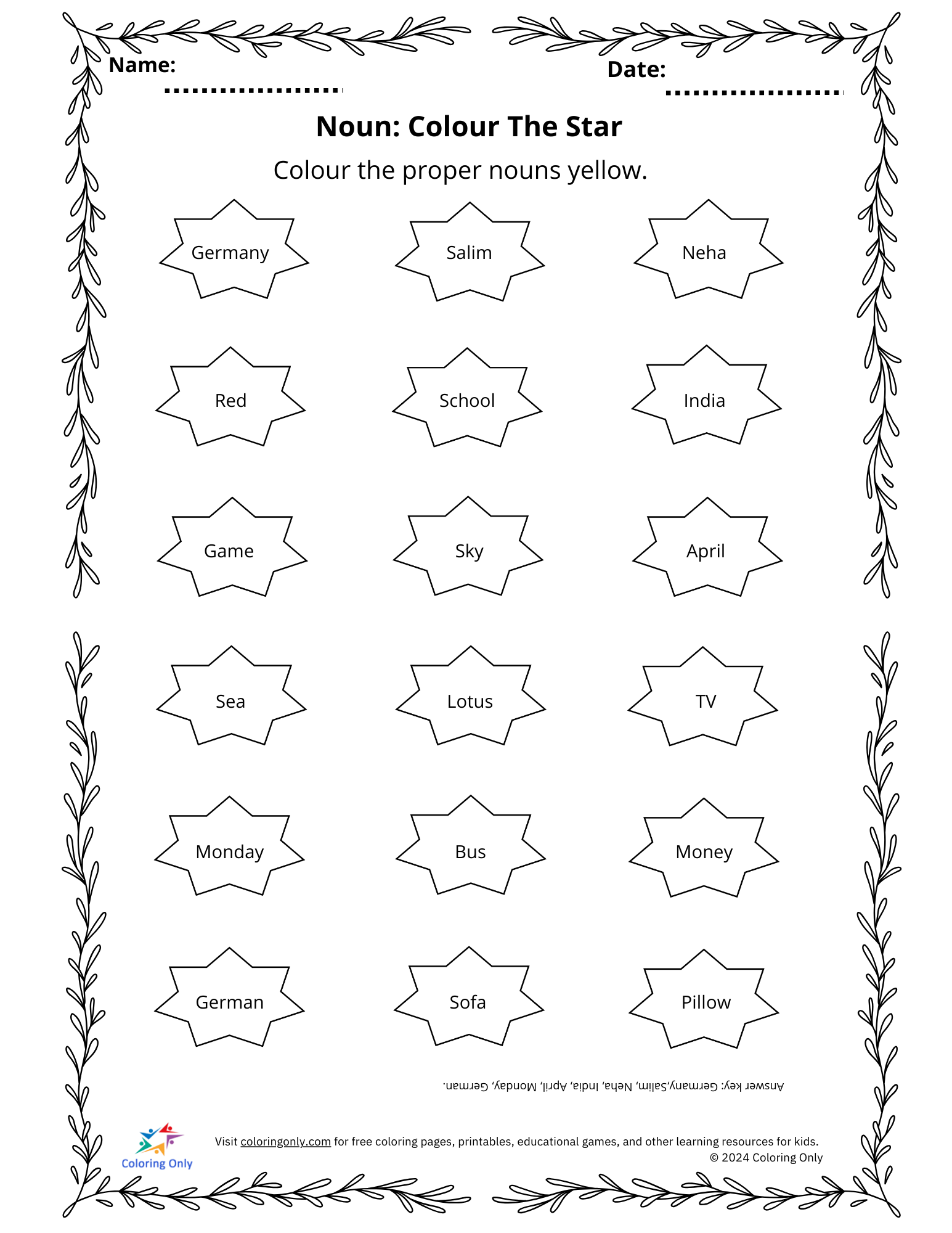 Noun: Colour The Star Free Printable Worksheet