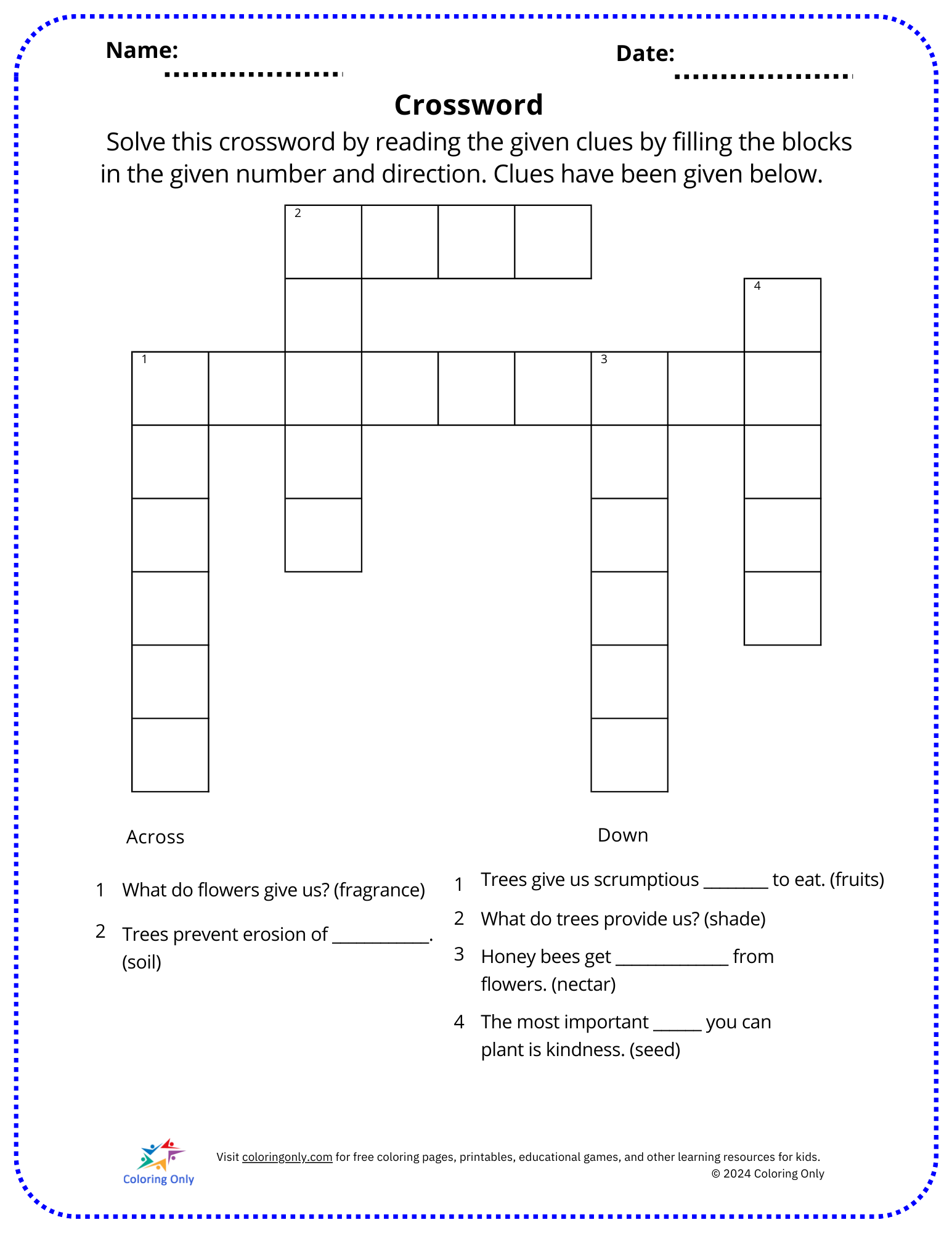 Crossword Free Printable Worksheet