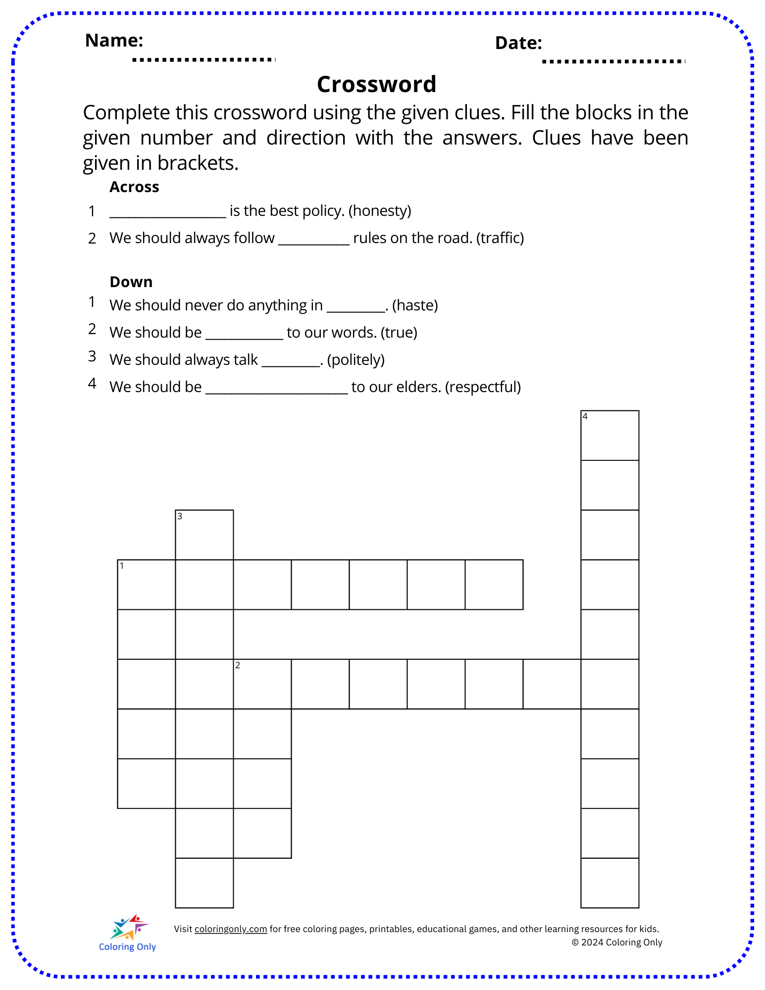 Crossword Free Printable Worksheet