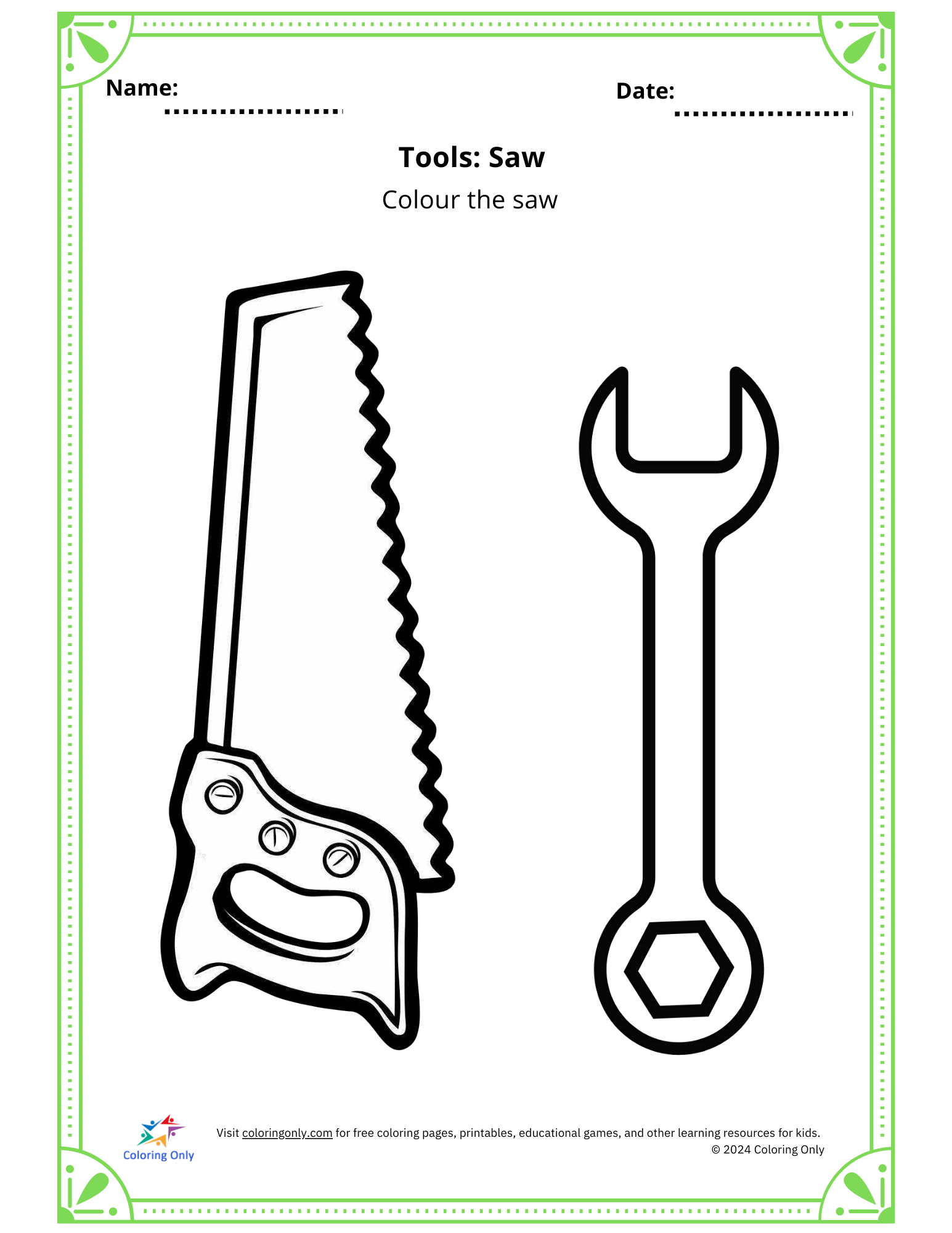 Tools: Saw Free Printable Worksheet