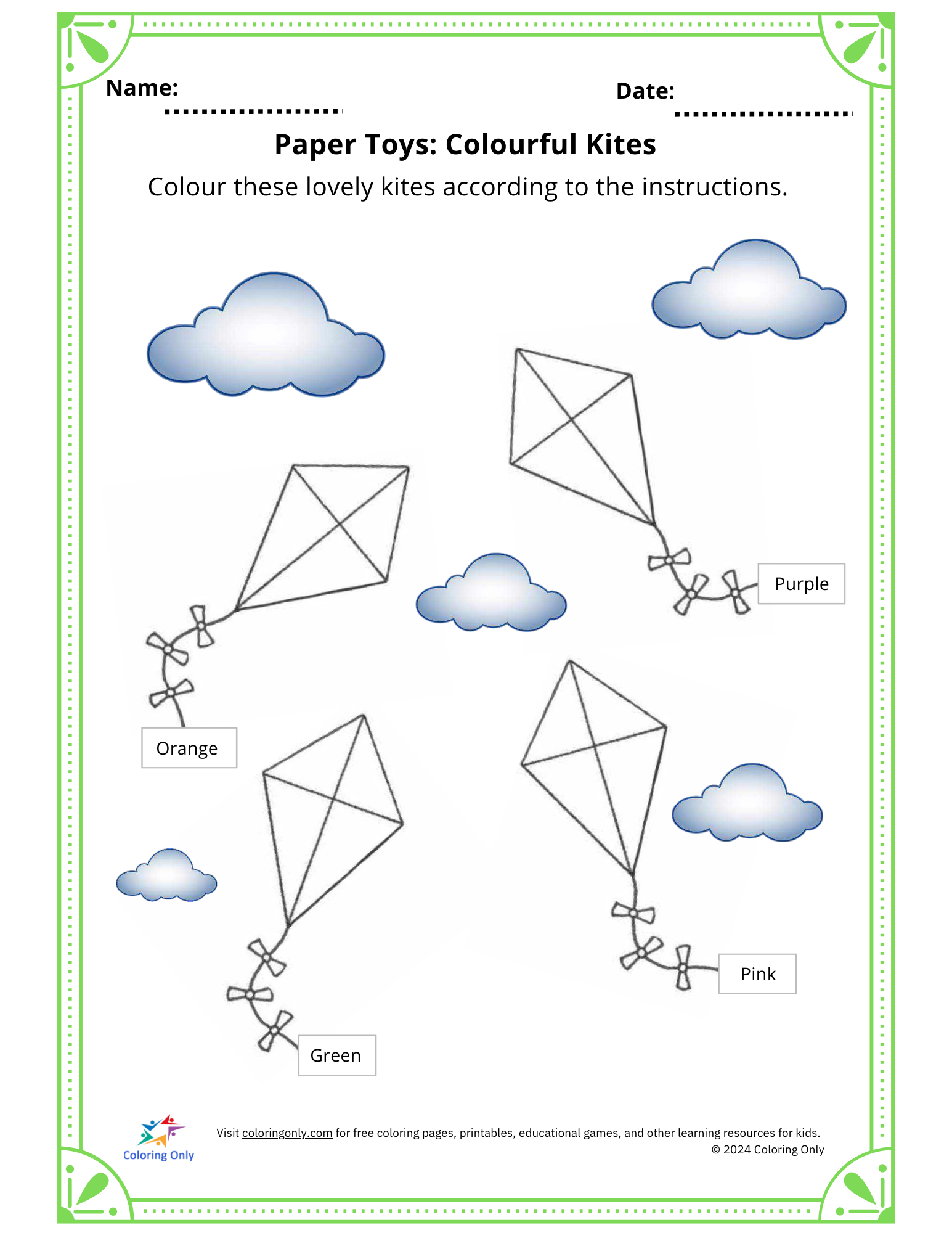 Paper Toys: Colourful Kites Free Printable Worksheet