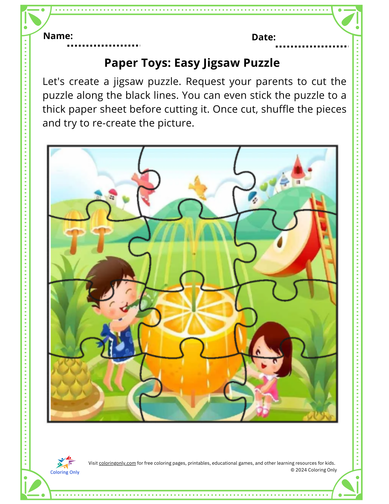 Paper Toys: Easy Jigsaw Puzzle Free Printable Worksheet