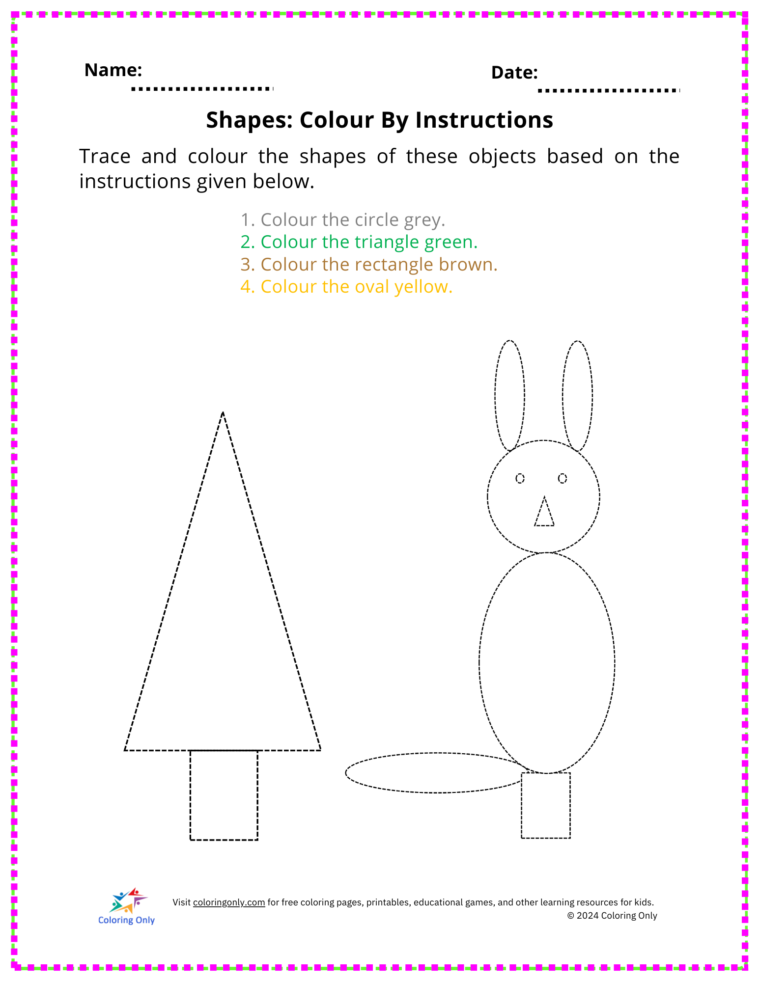 Shapes: Colour By Instructions Free Printable Worksheet