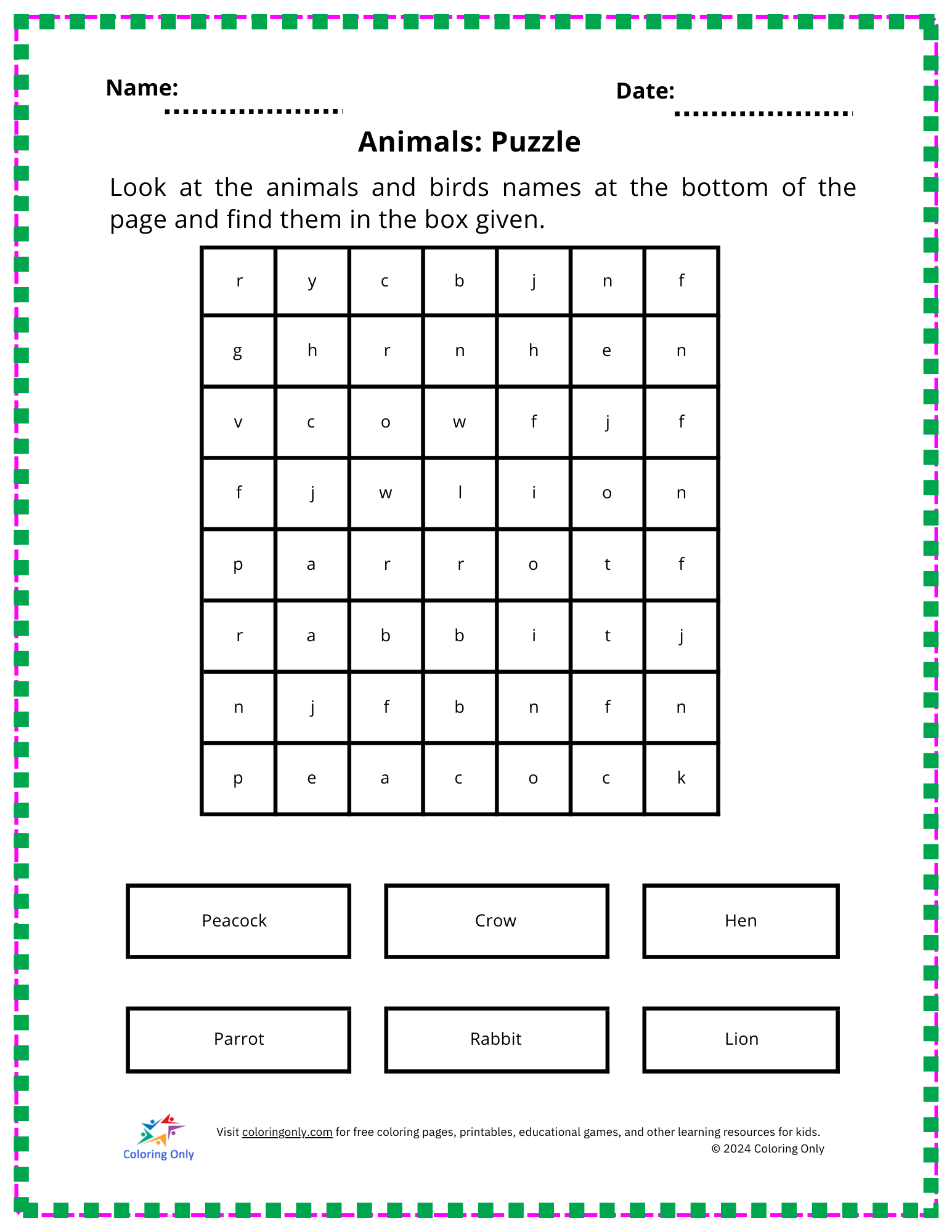 Animals: Puzzle Free Printable Worksheet