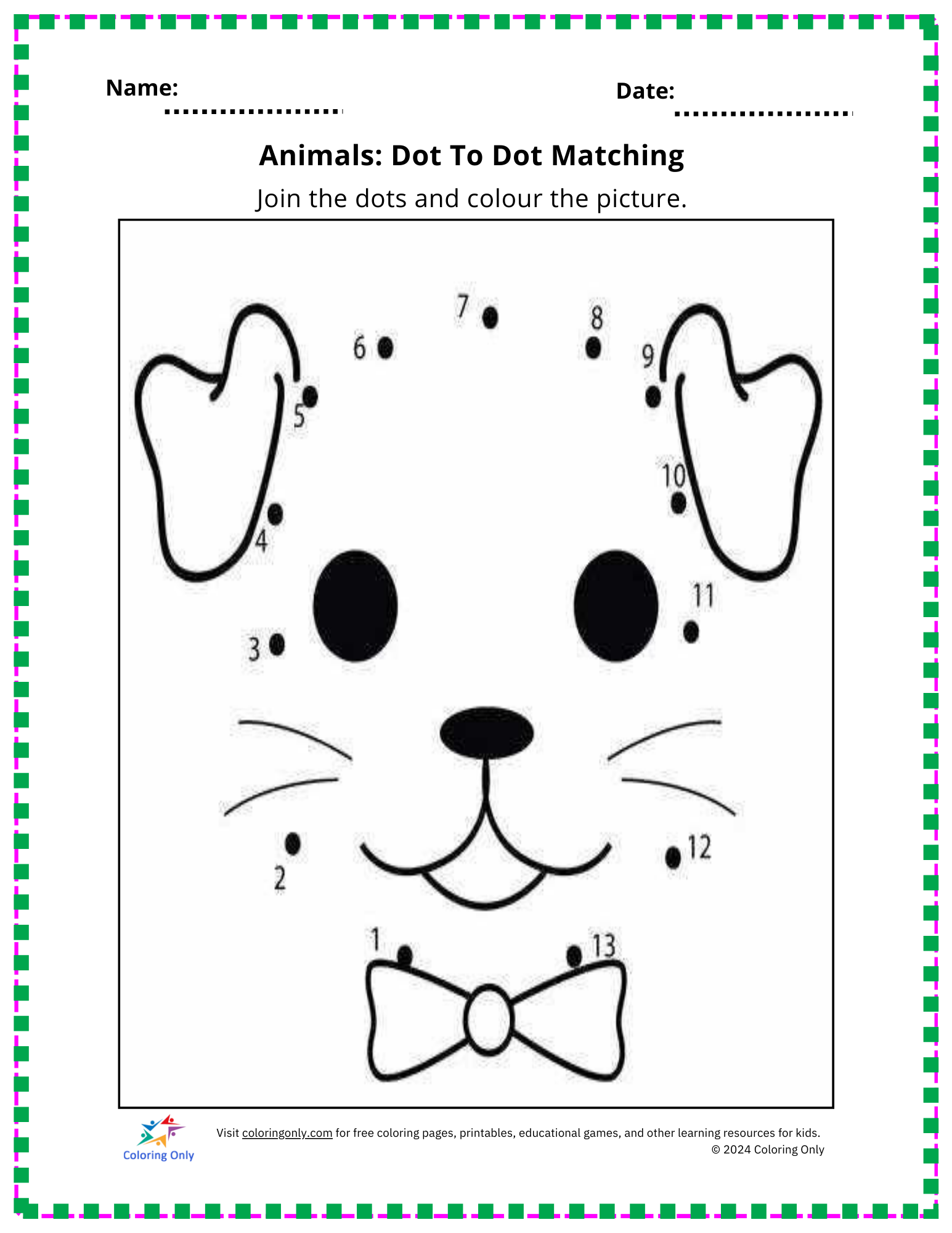 Animals: Dot To Dot Matching Free Printable Worksheet