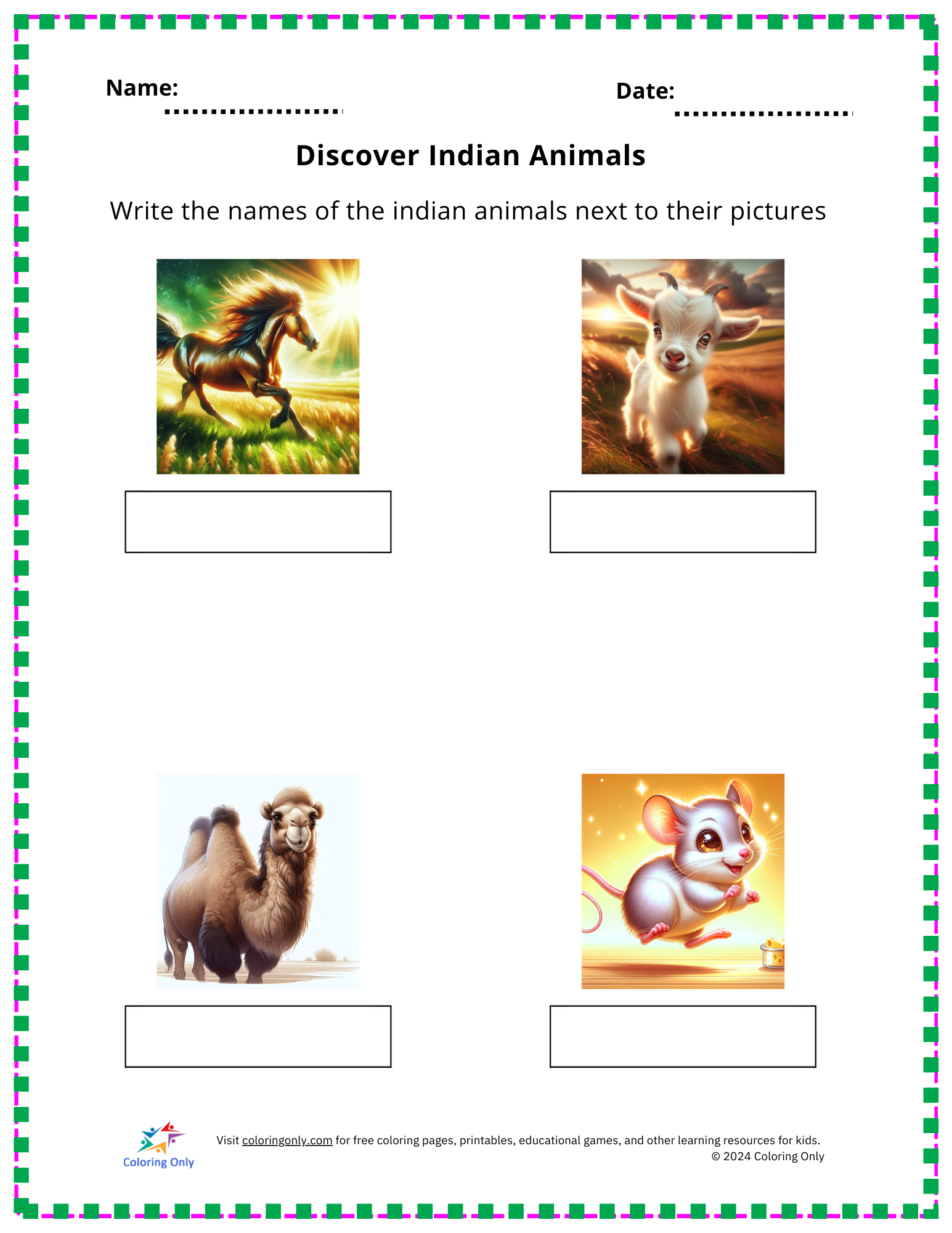 Discover Indian Animals Free Printable Worksheet