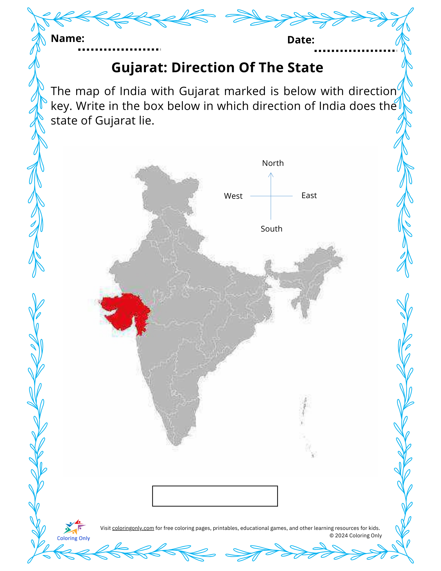 Gujarat: Direction Of The State Free Printable Worksheet