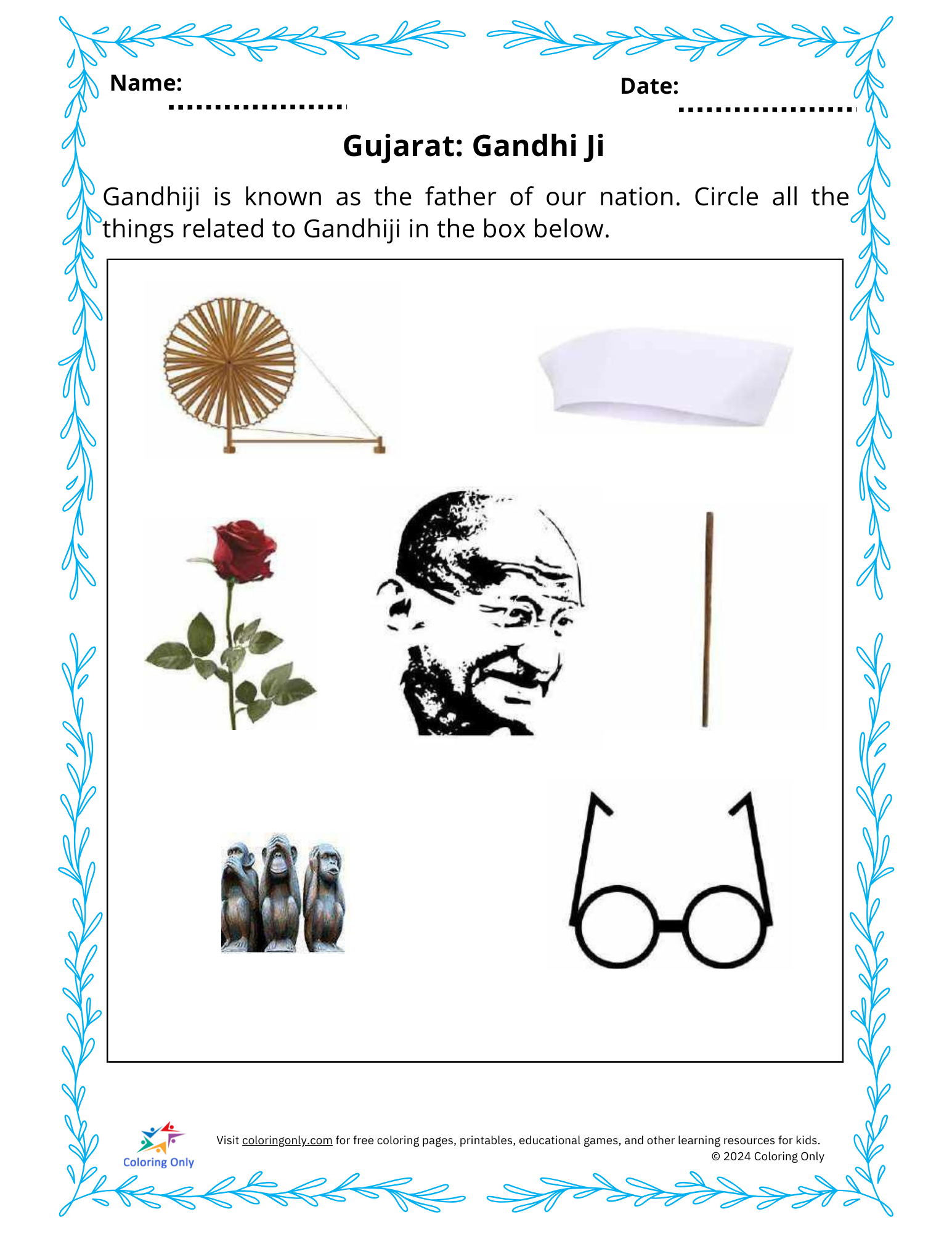 Gujarat: Gandhi Ji Free Printable Worksheet