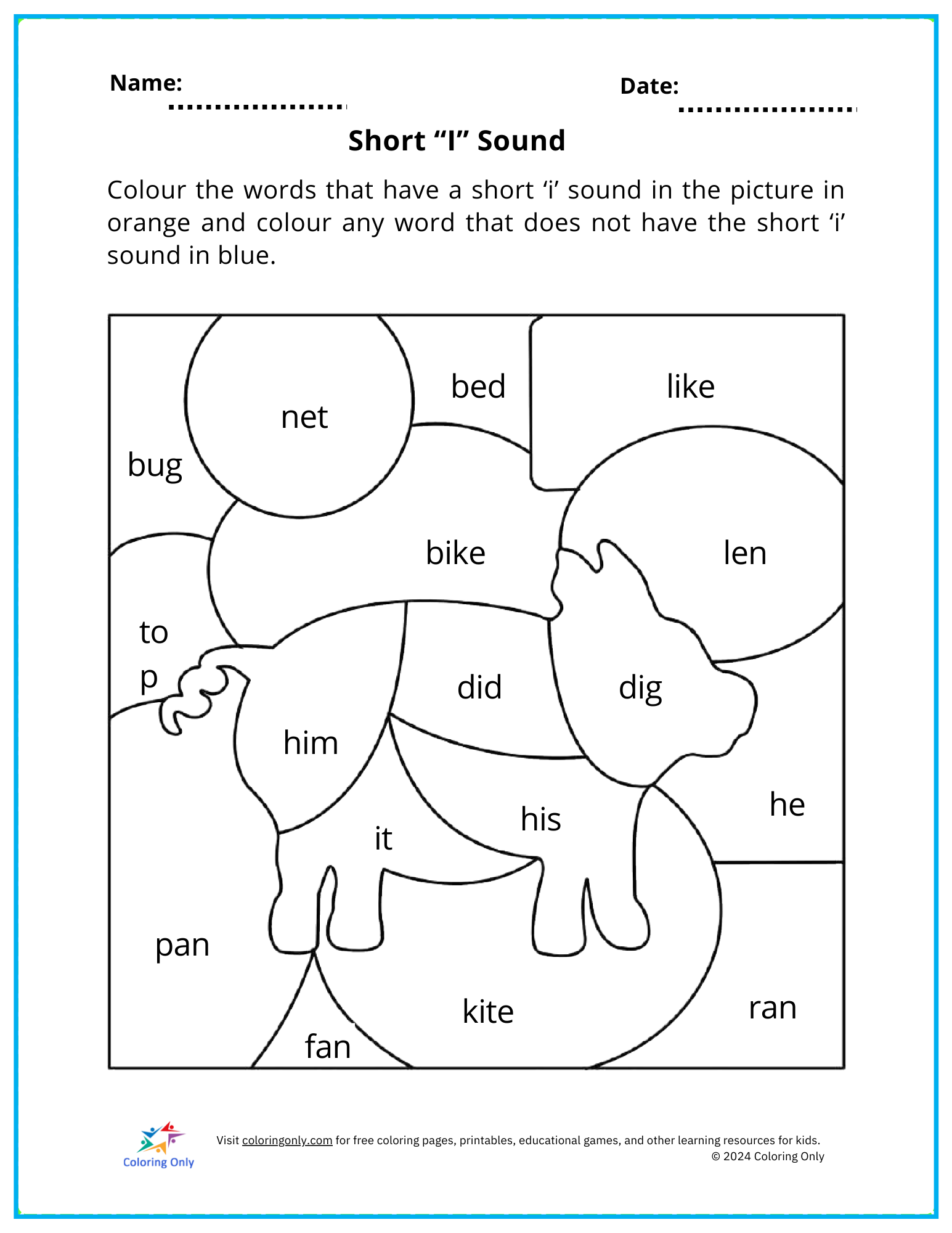 Short “I” Sound Free Printable Worksheet