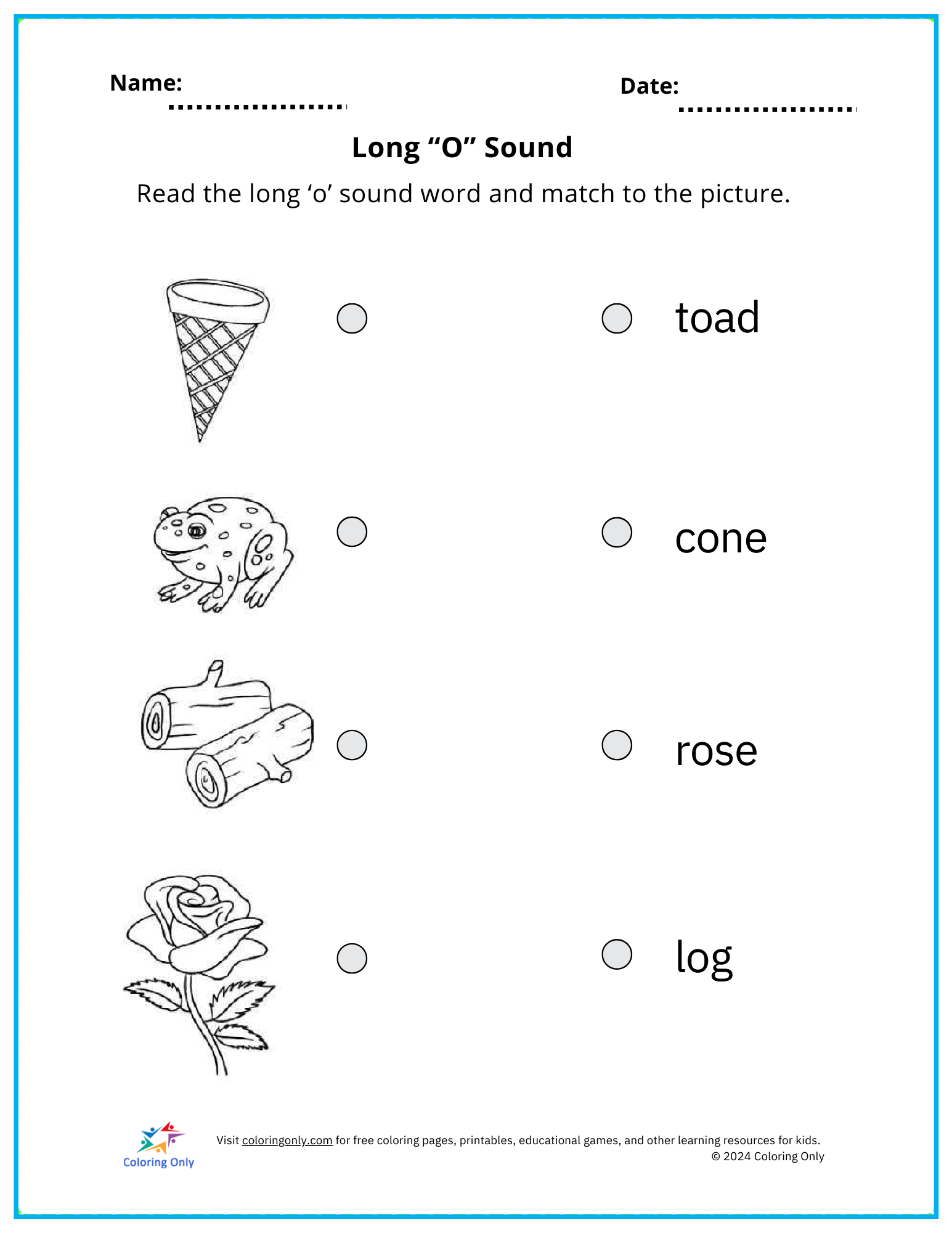 Long “O” Sound Free Printable Worksheet