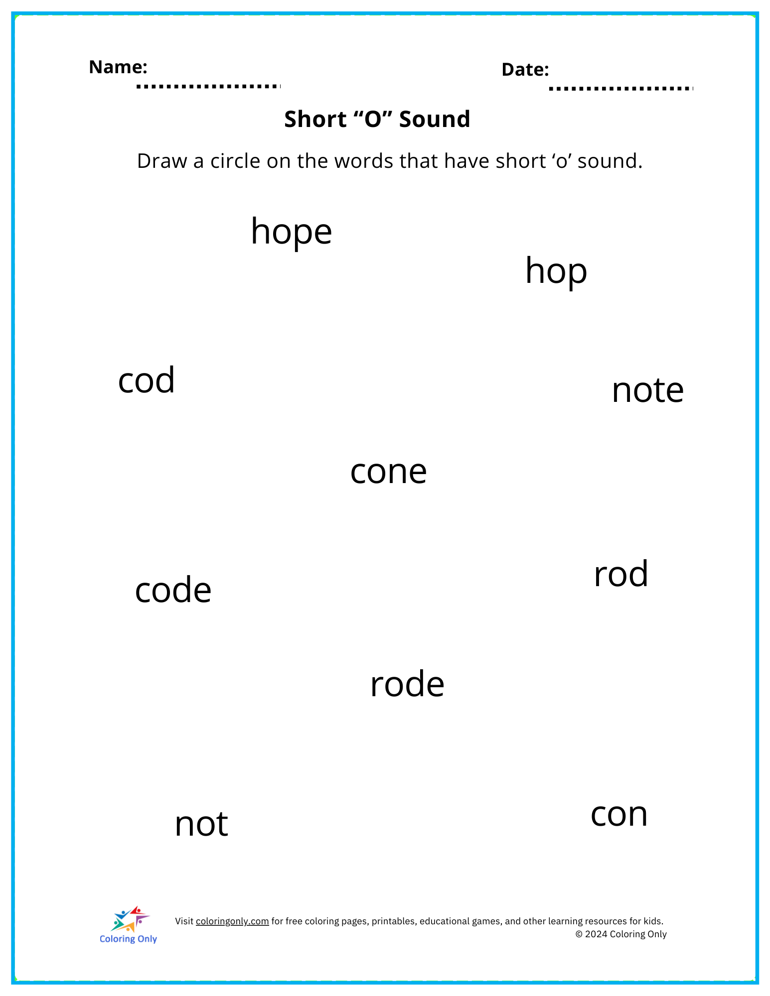 Short “O” Sound Free Printable Worksheet