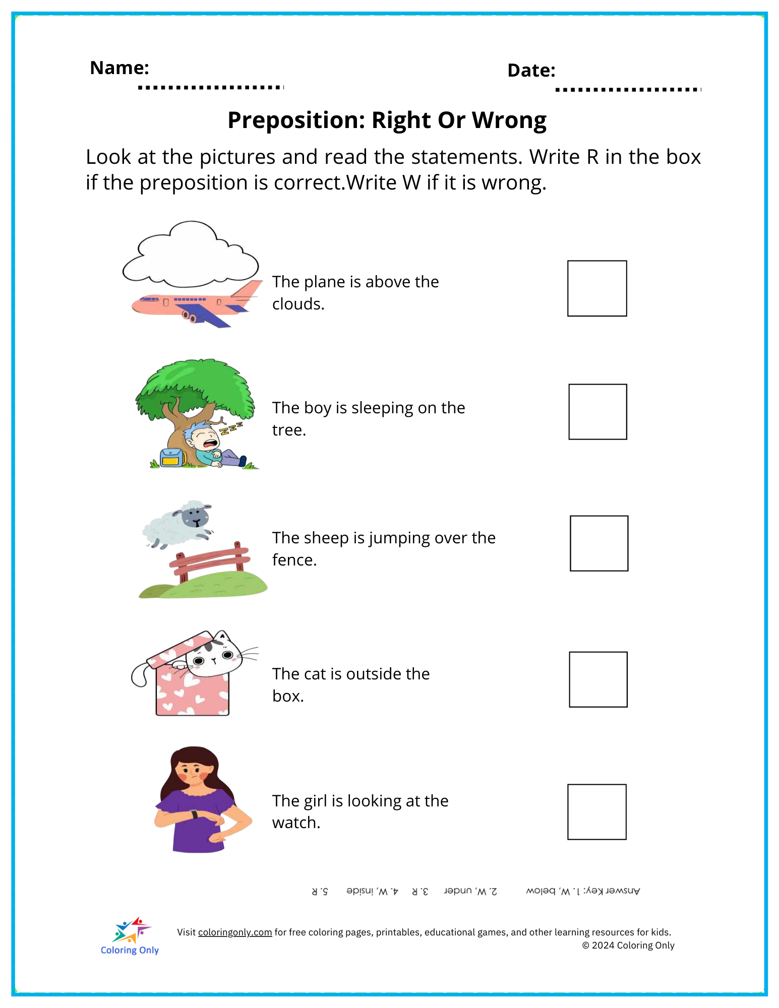 Preposition: Right Or Wrong Free Printable Worksheet