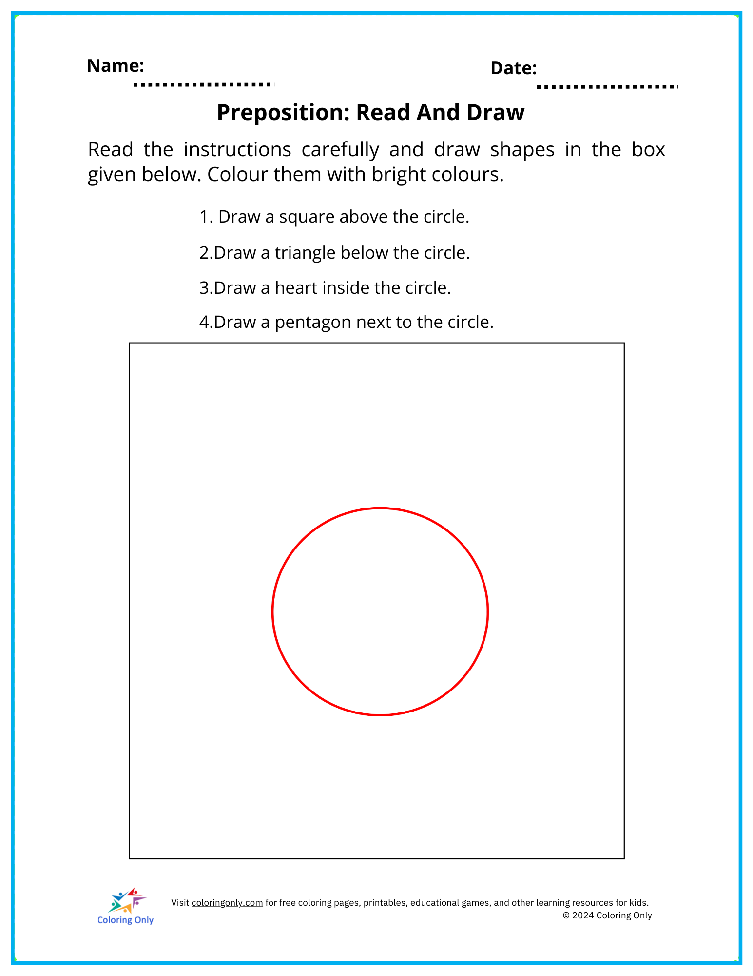 Preposition: Read And Draw Free Printable Worksheet