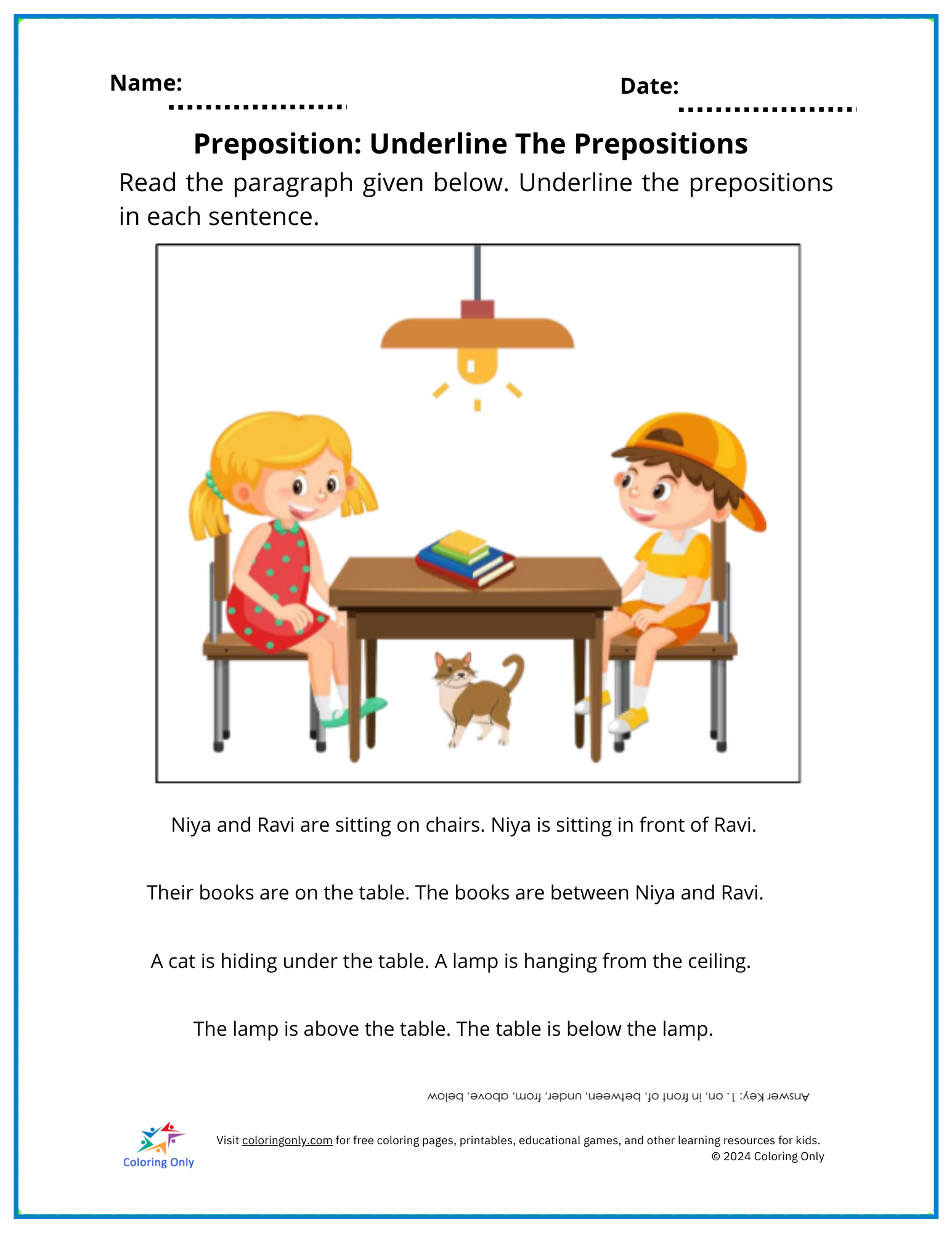 Preposition: Underline The Prepositions Free Printable Worksheet