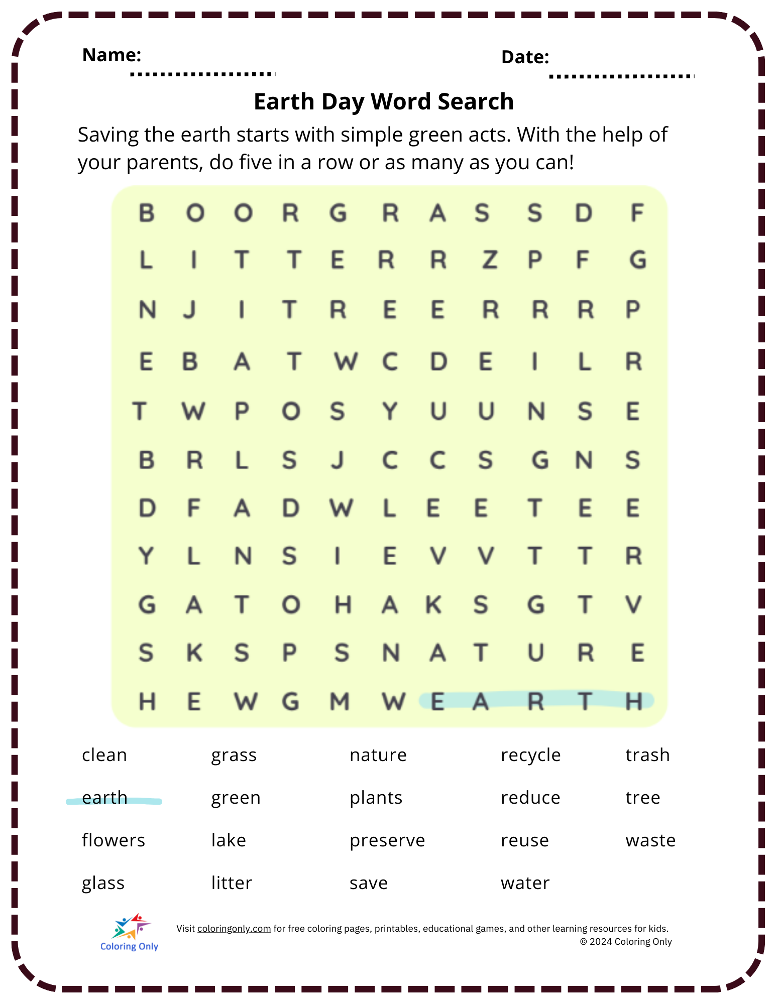 Earth Day Word Search Free Printable Worksheet