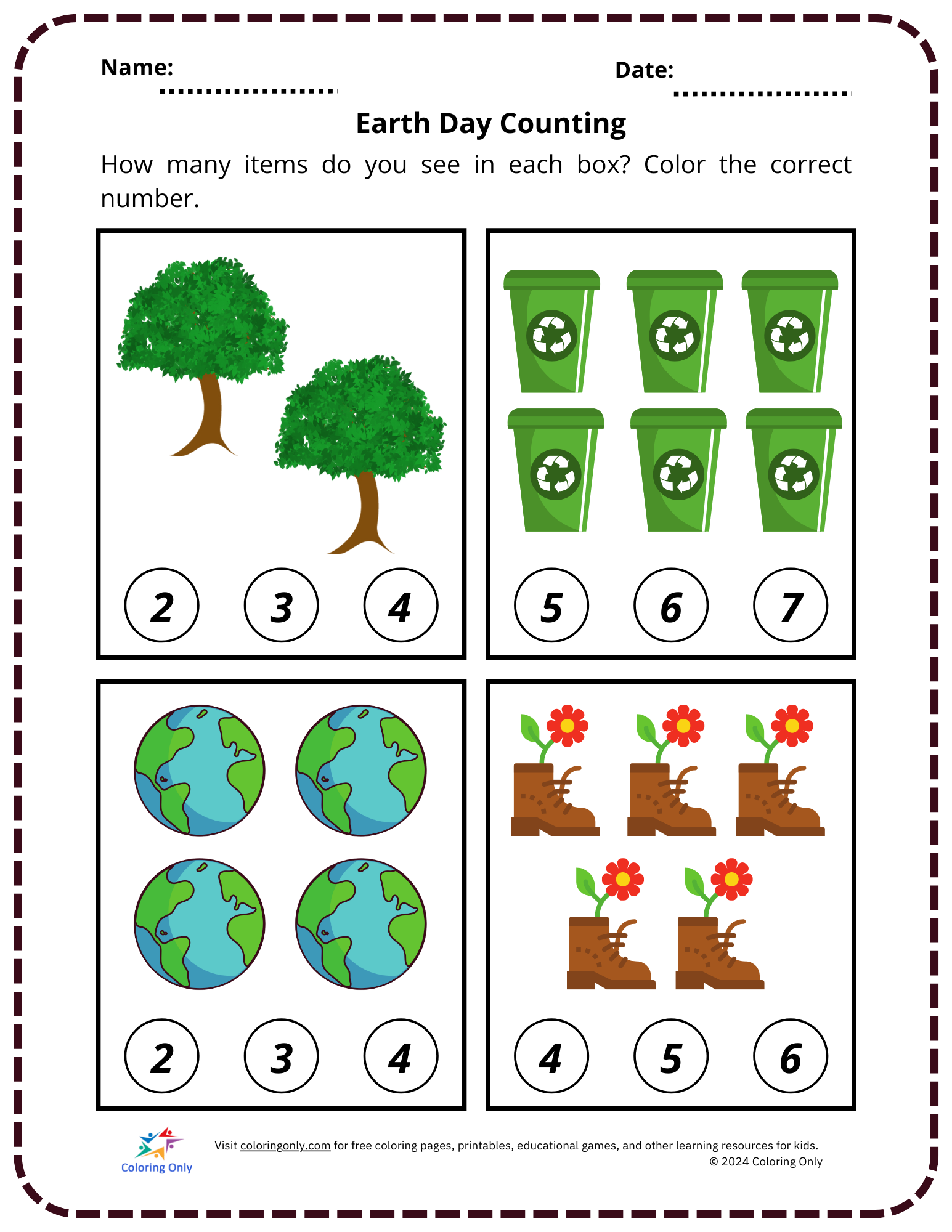 Earth Day Counting Free Printable Worksheet