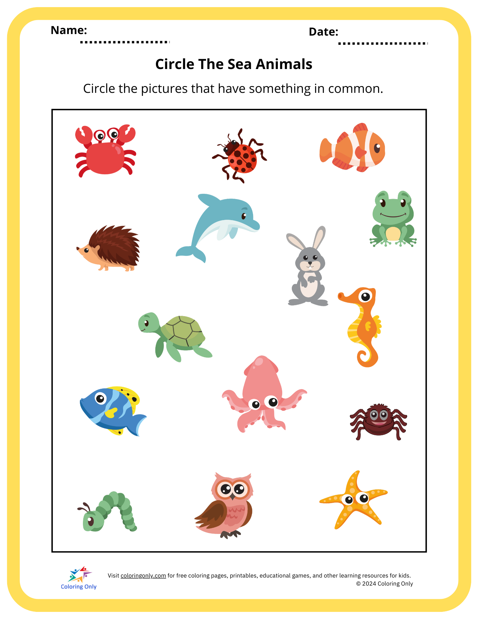 Circle The Sea Animals Free Printable Worksheet