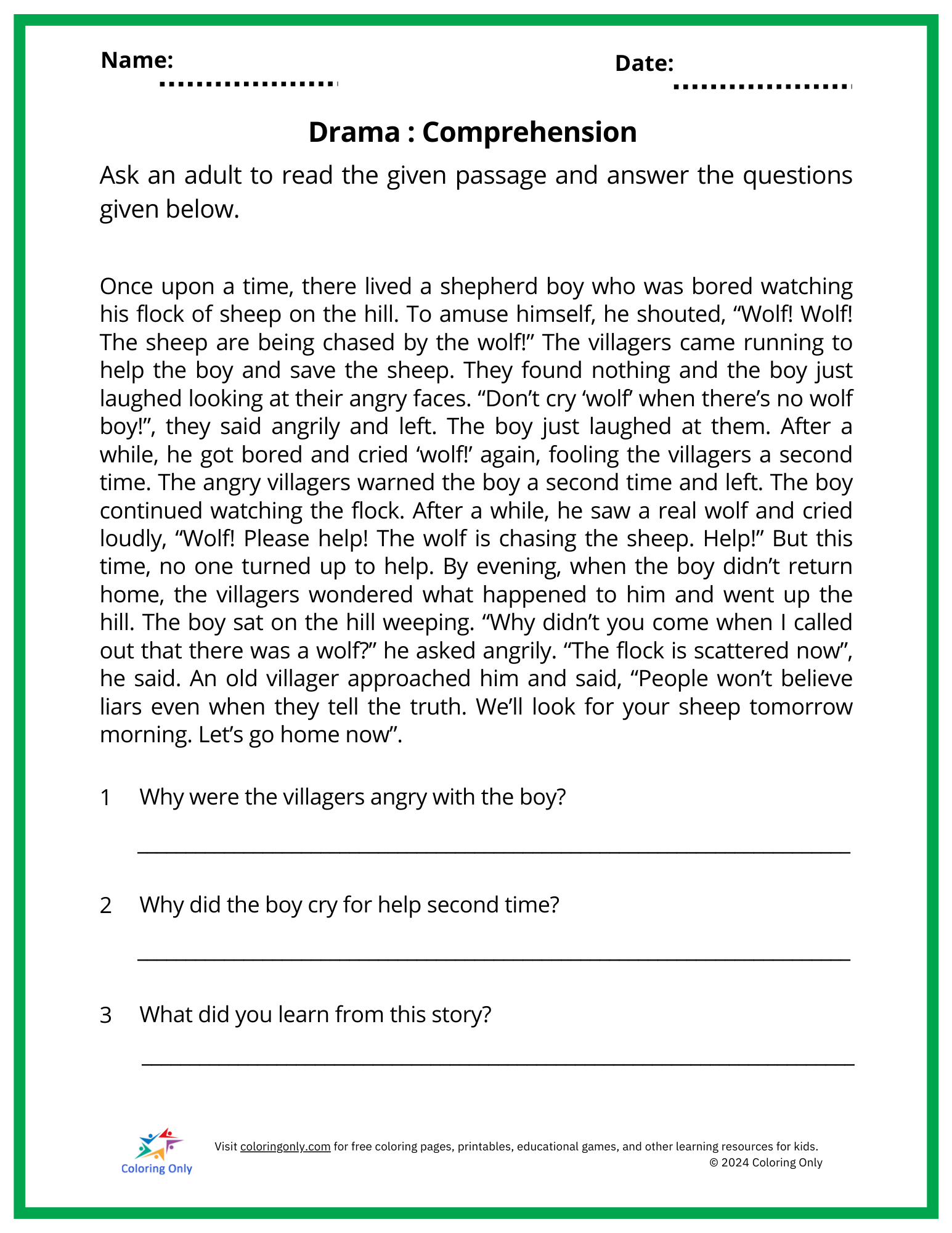 Drama: Comprehension Free Printable Worksheet