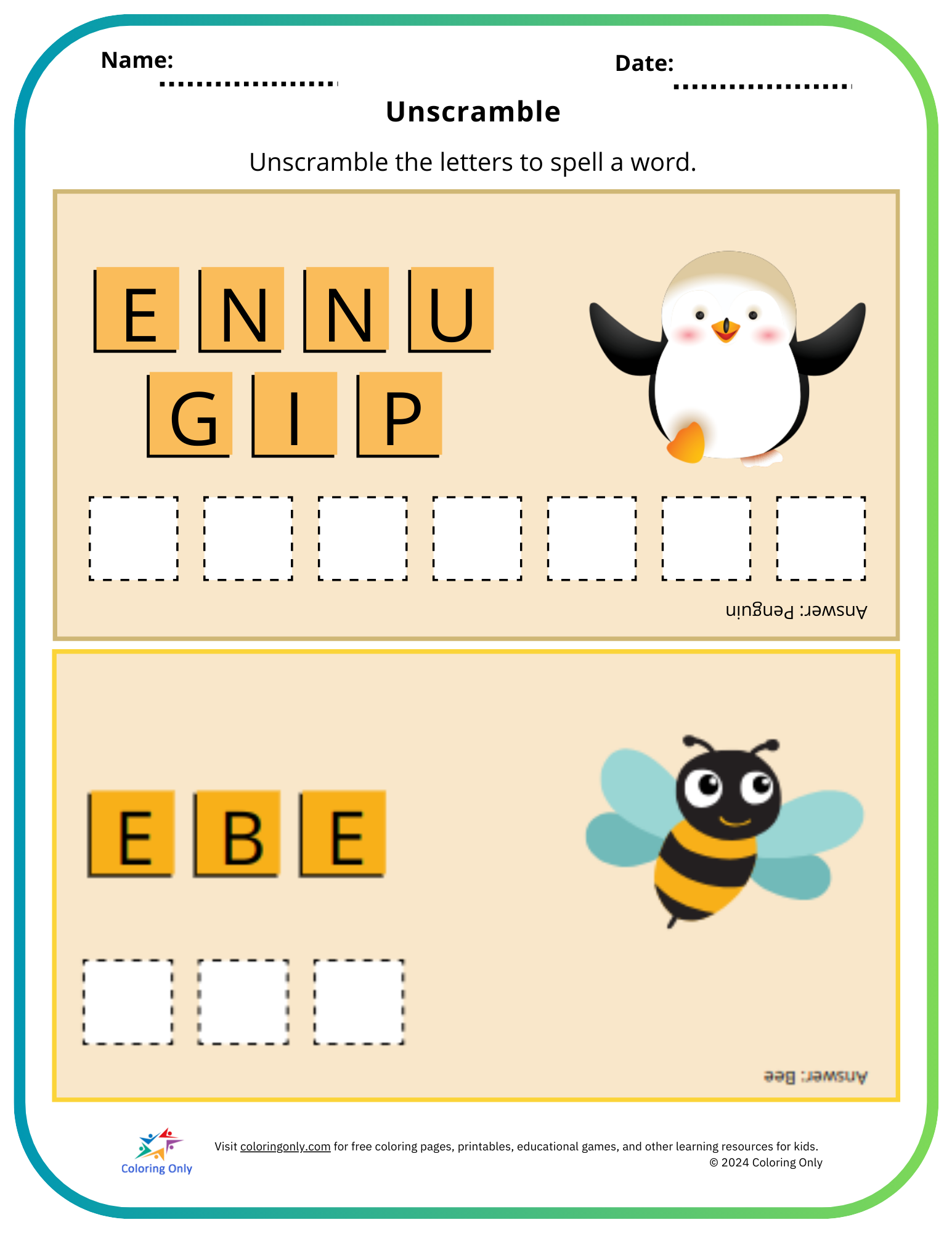 Unscramble Free Printable Worksheet