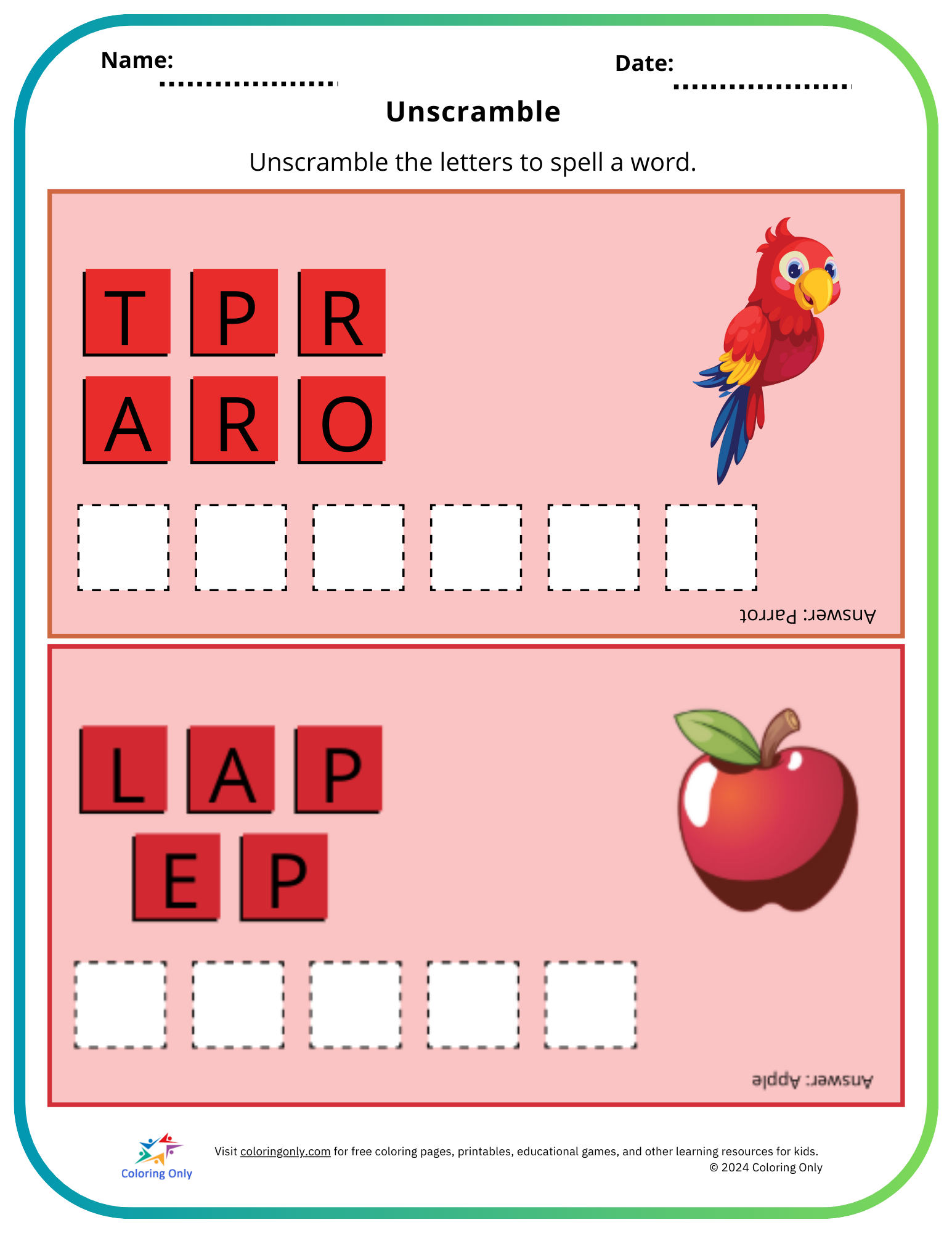 Unscramble Free Printable Worksheet