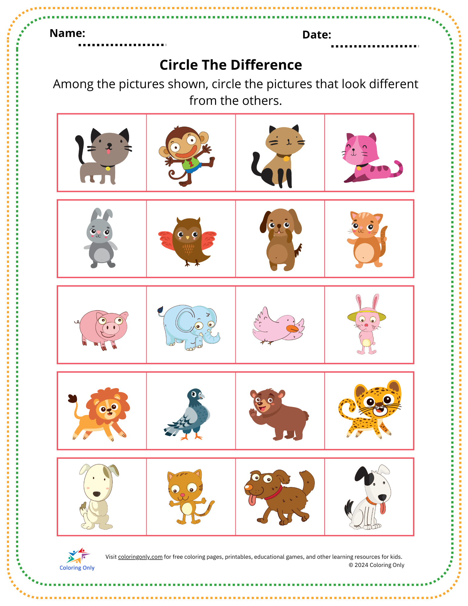 Circle The Difference Animal Free Printable Worksheet