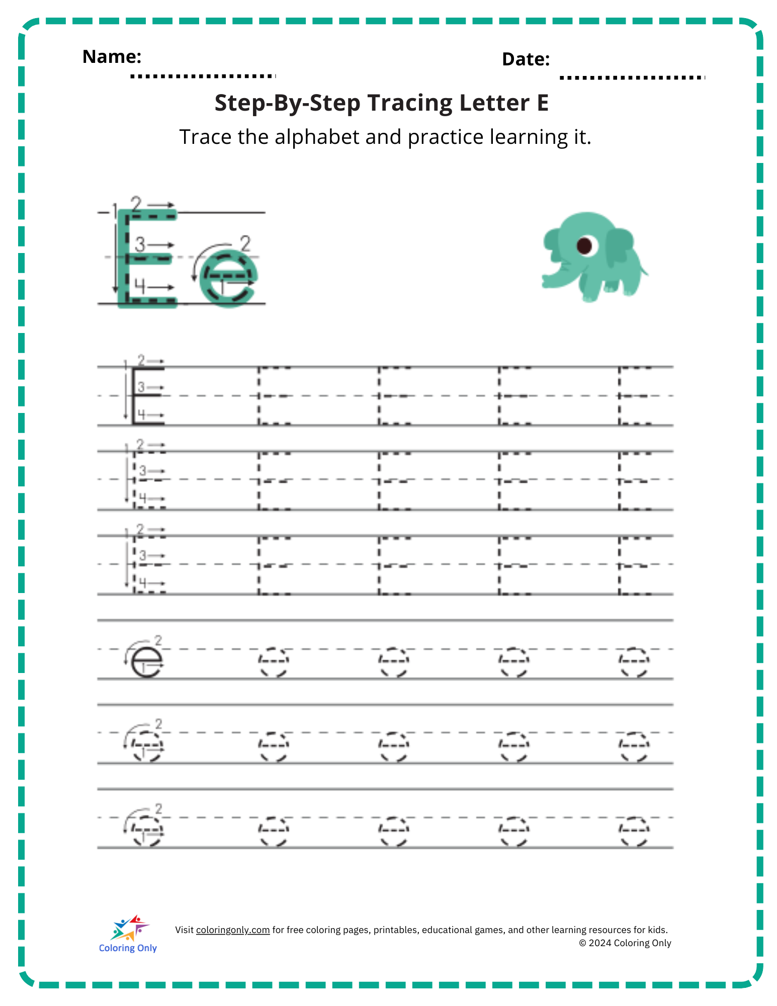 Step-By-Step Tracing Letter E Free Printable Worksheet