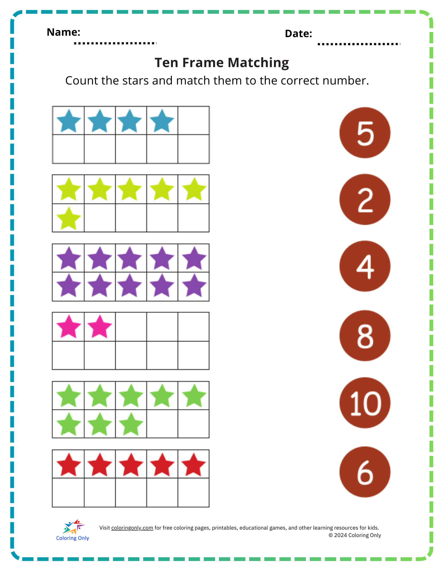 Ten Frame Matching Free Printable Worksheet