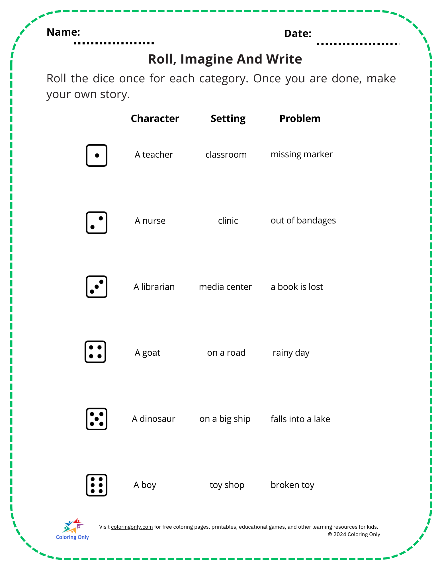 Roll, Imagine And Write Free Printable Worksheet