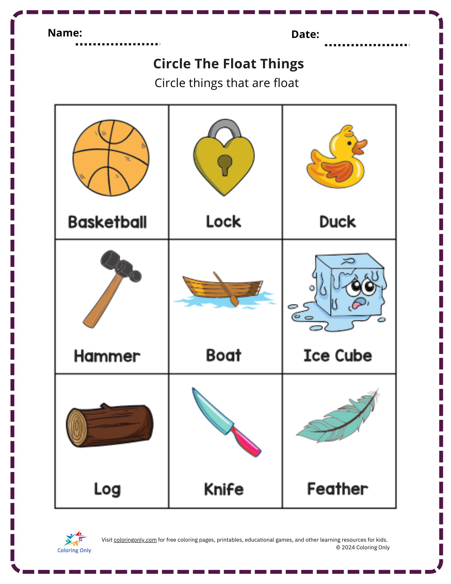 Circle The Float Things Free Printable Worksheet