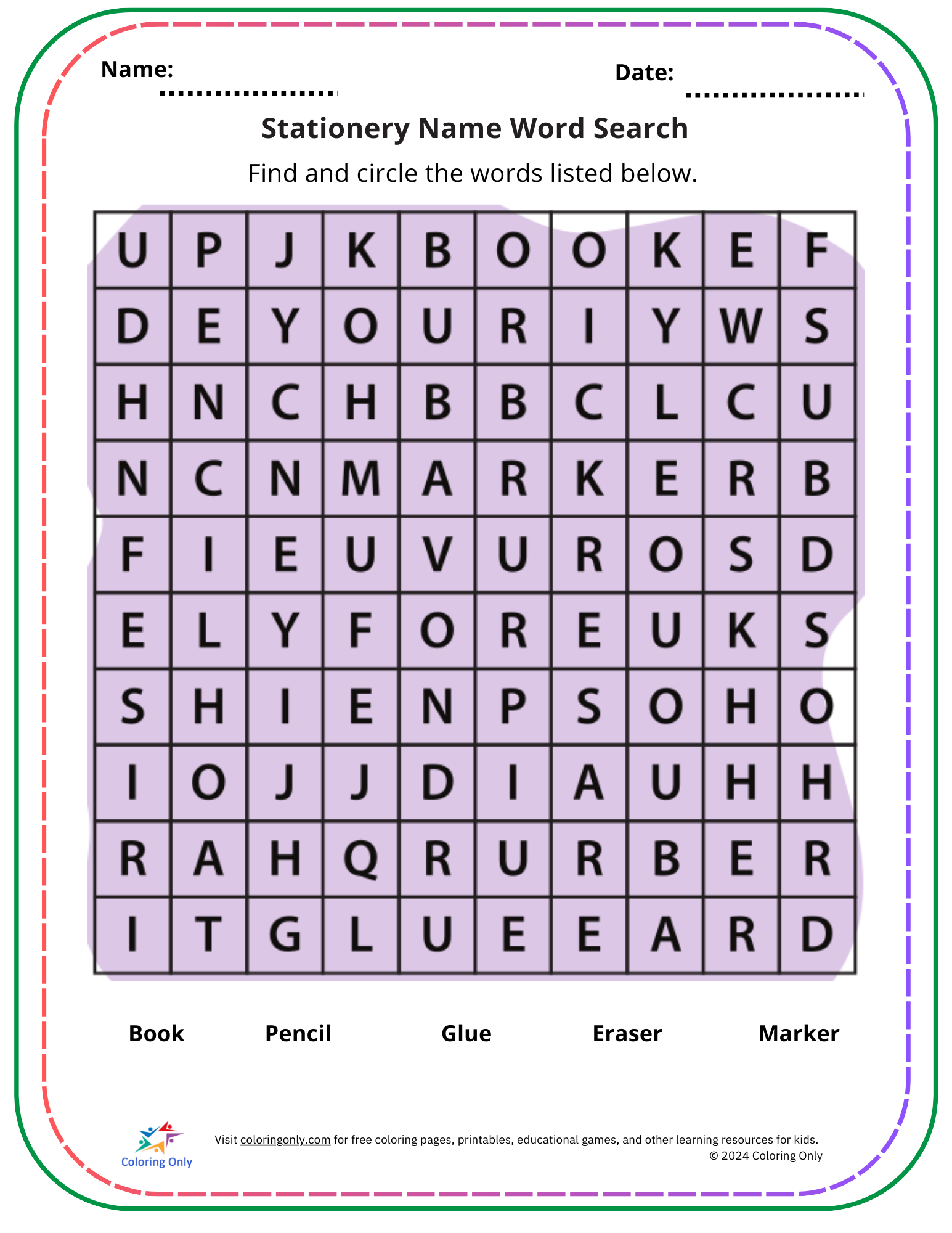 Stationery Name Word Search Free Printable Worksheet