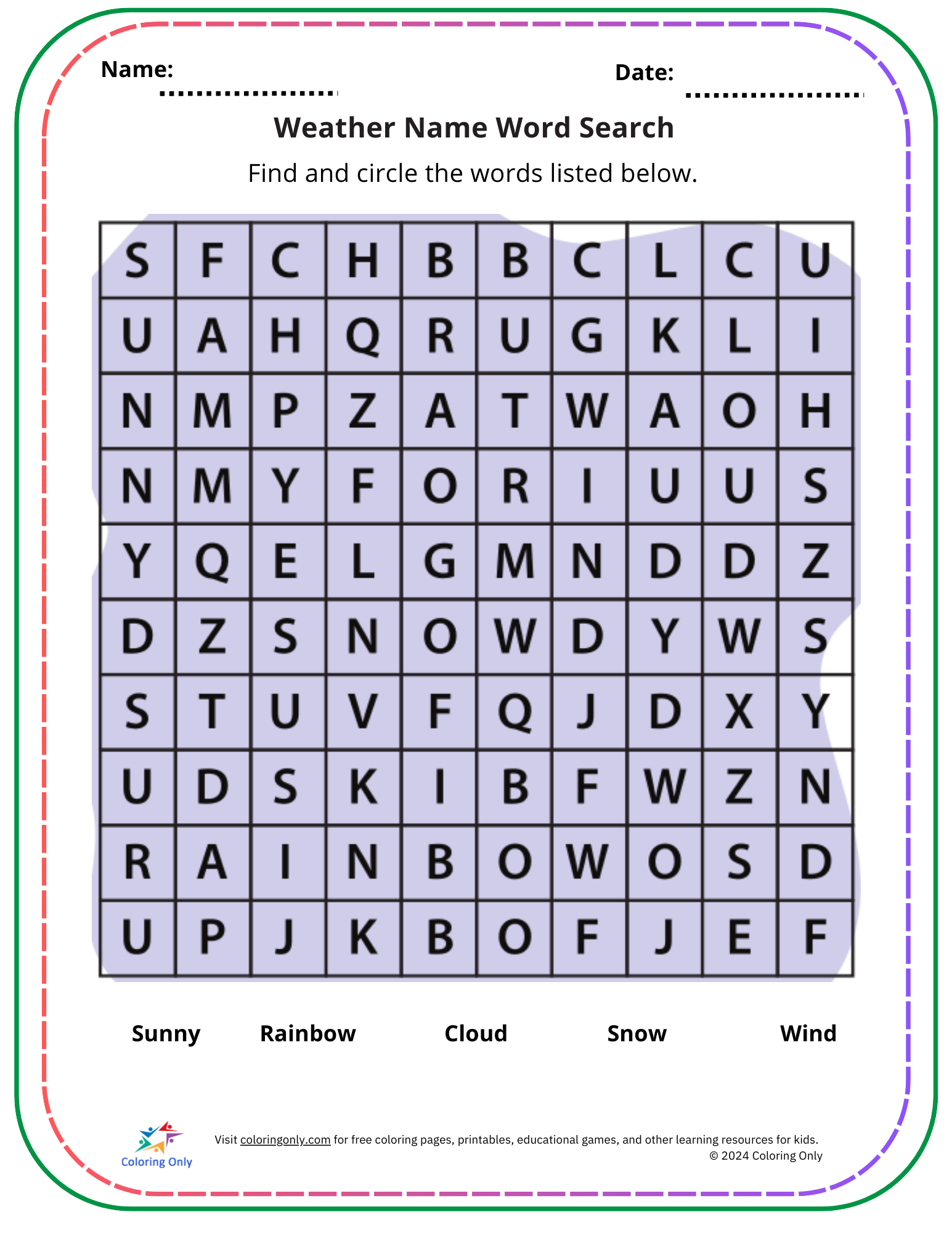 Weather Name Word Search Free Printable Worksheet