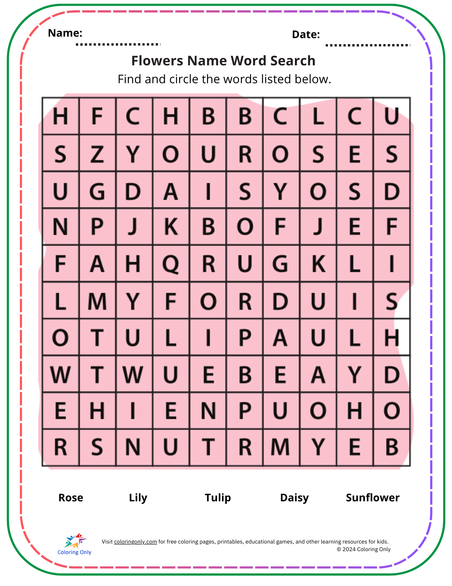 Flowers Name Word Search Free Printable Worksheet