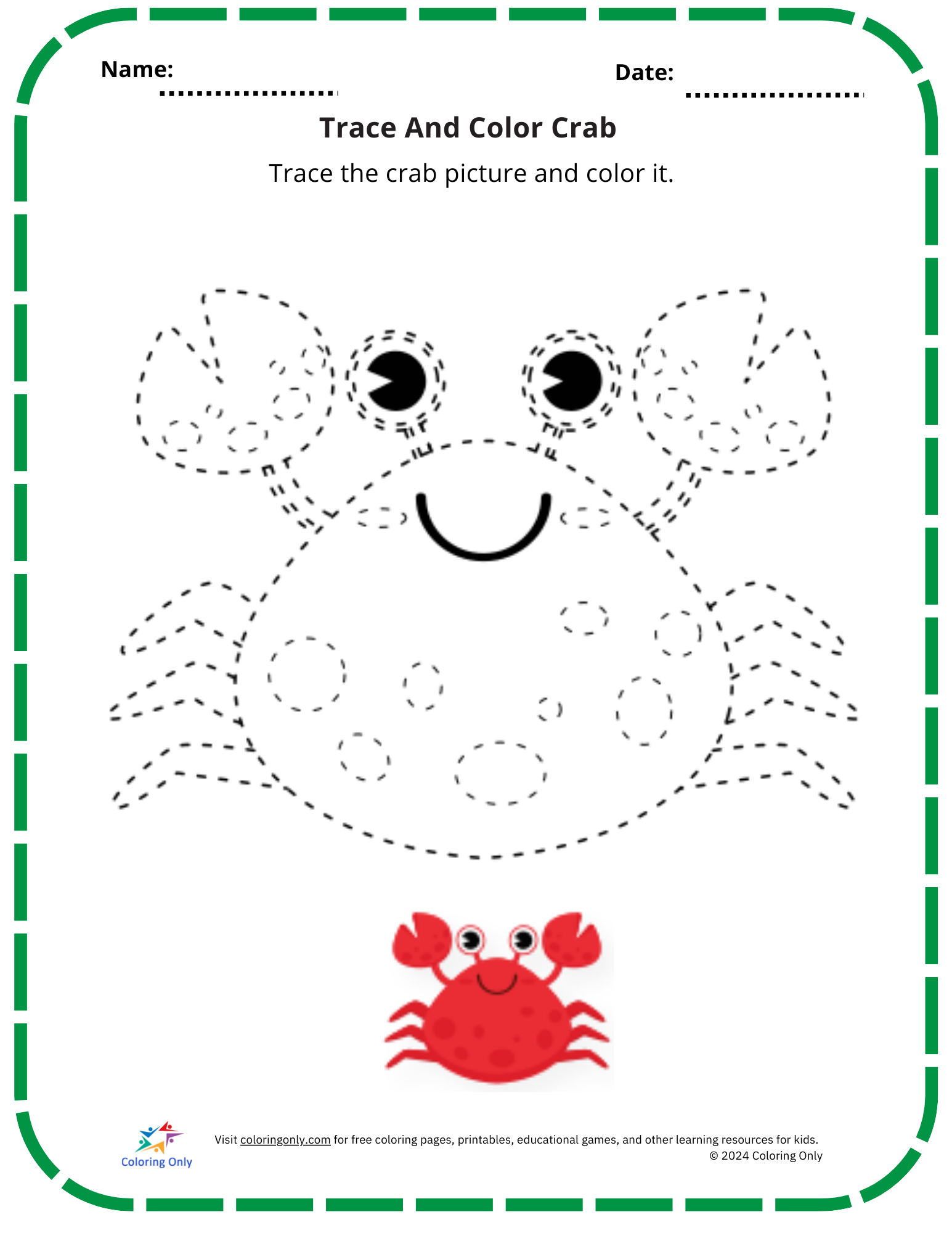 Trace And Color Crab Free Printable Worksheet