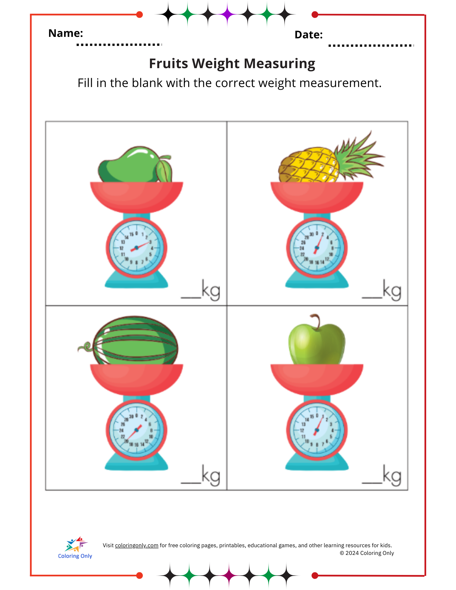 Fruits Weight Measuring Free Printable Worksheet