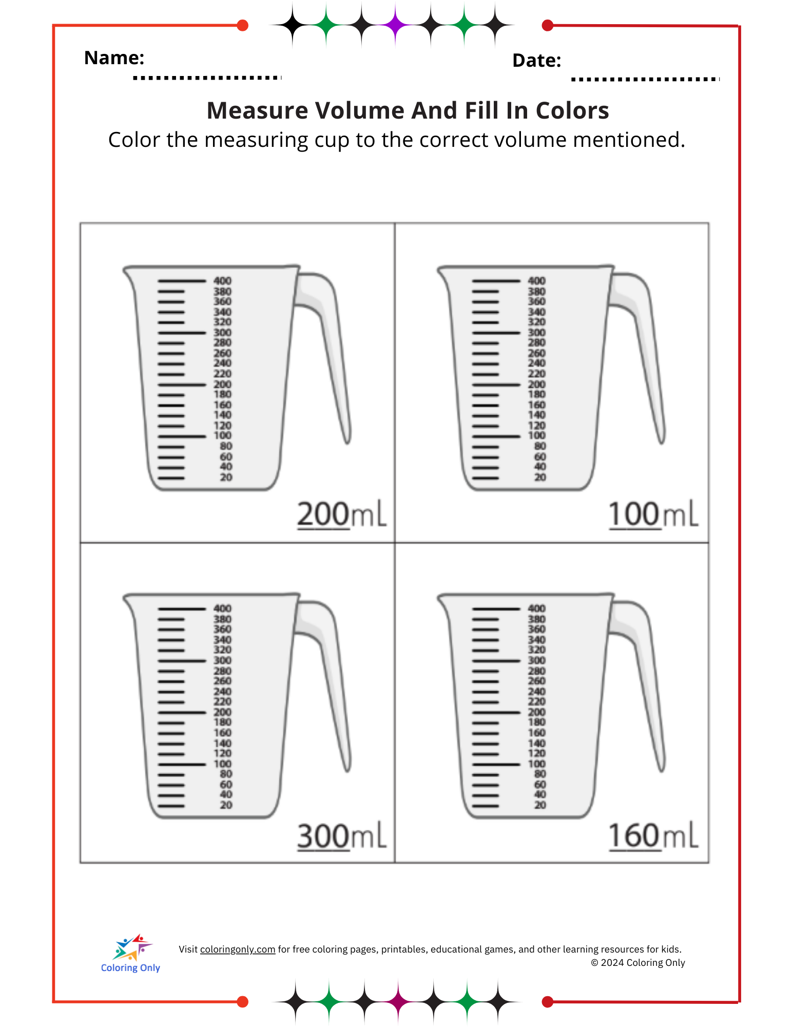 Measure Volume And Fill In Colors Free Printable Worksheet