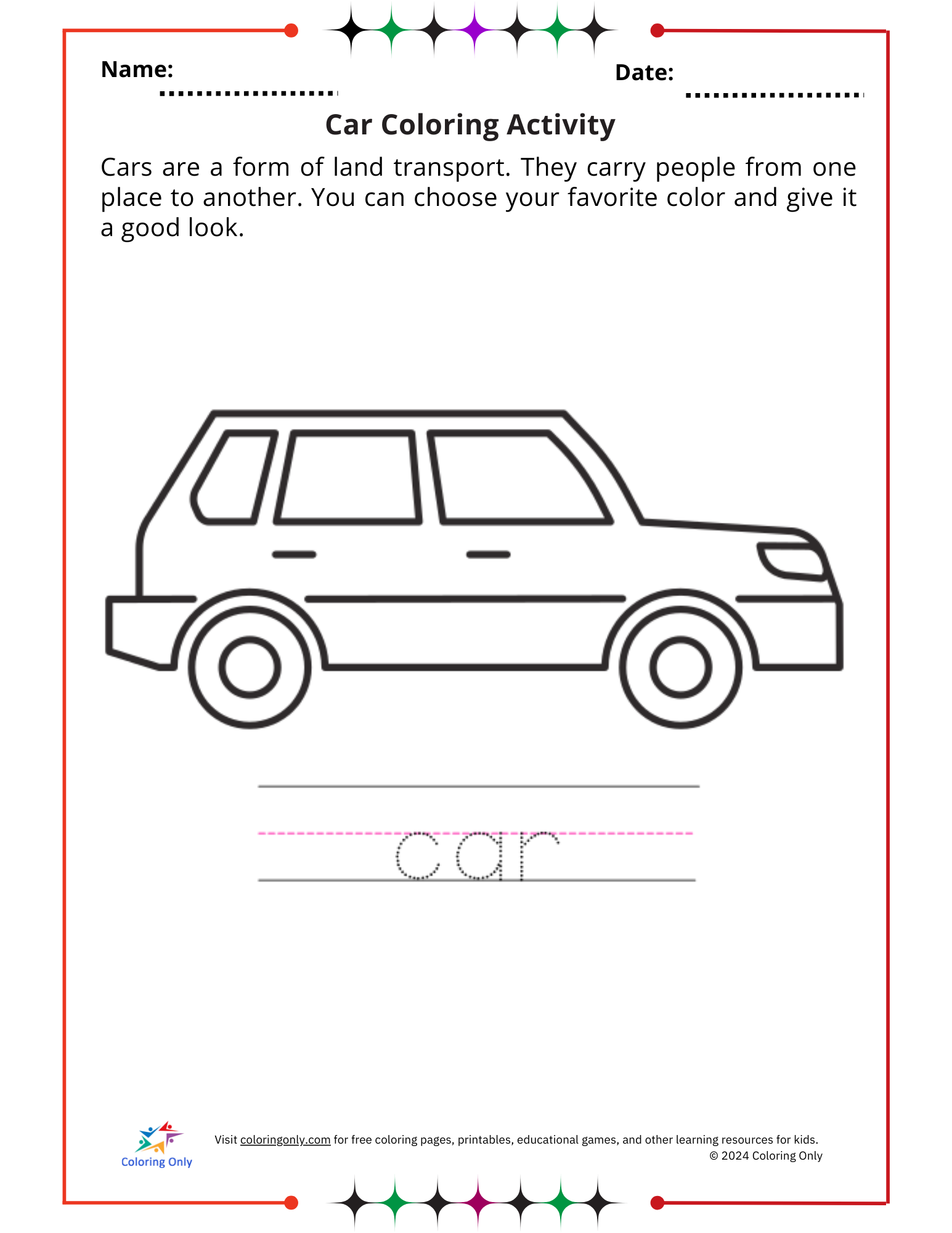 Car Coloring Activity Free Printable Worksheet