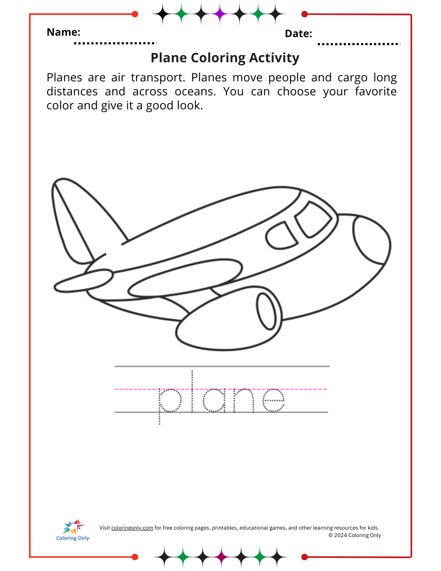 Plane Coloring Activity Free Printable Worksheet