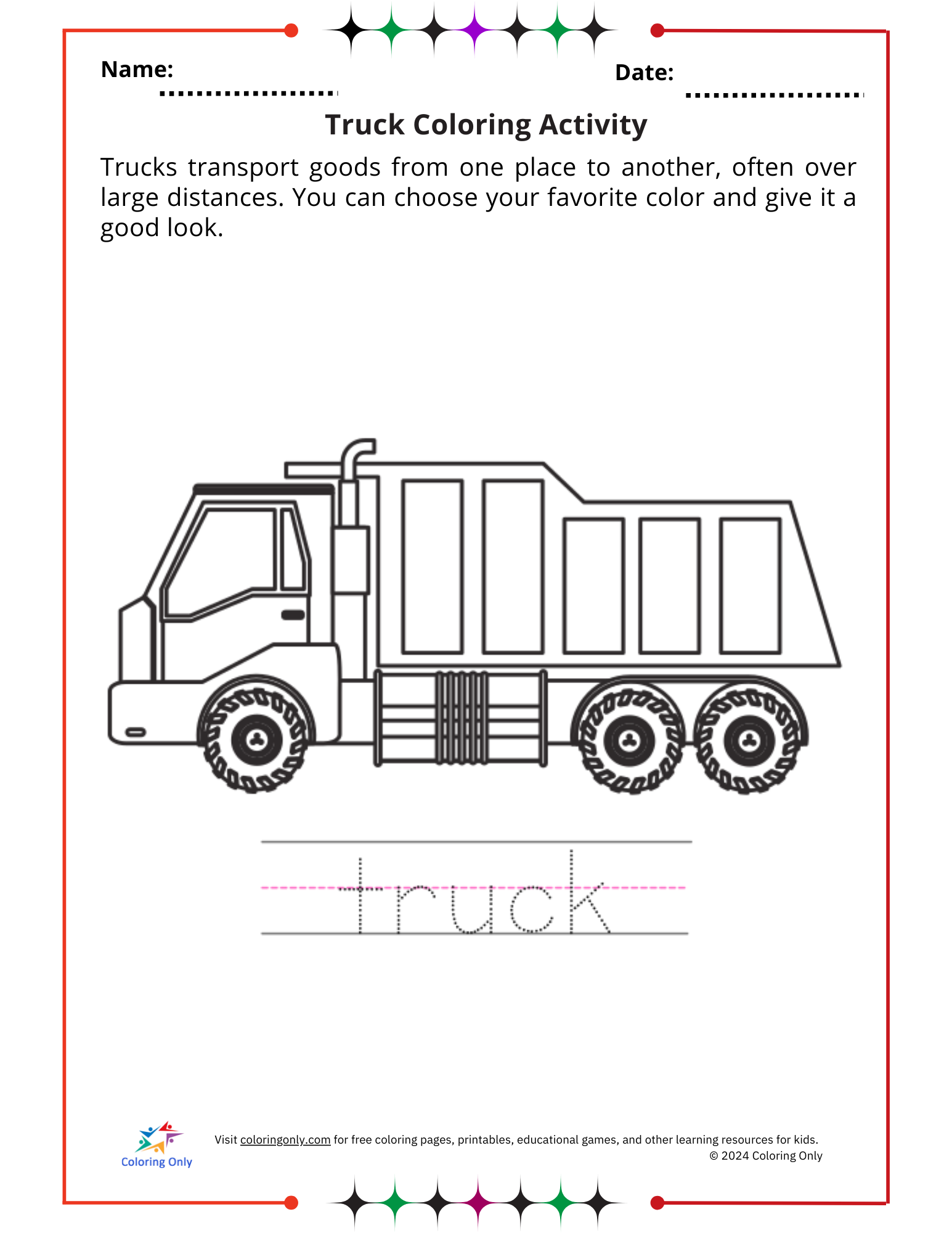 Truck Coloring Activity Free Printable Worksheet