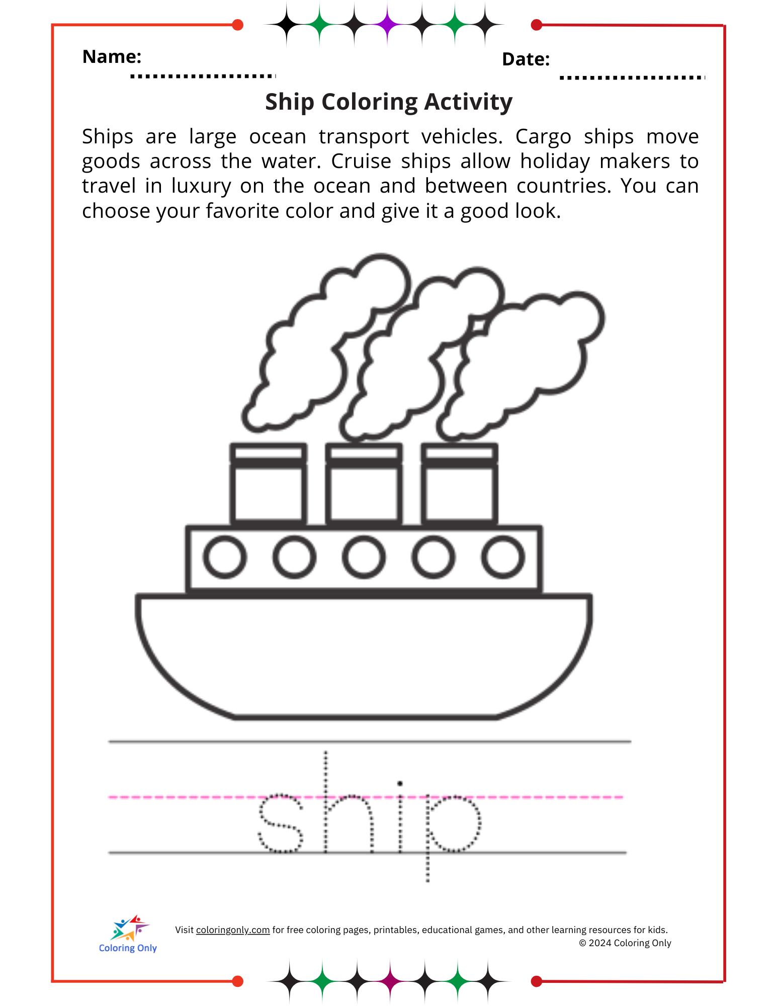 Ship Coloring Activity Free Printable Worksheet