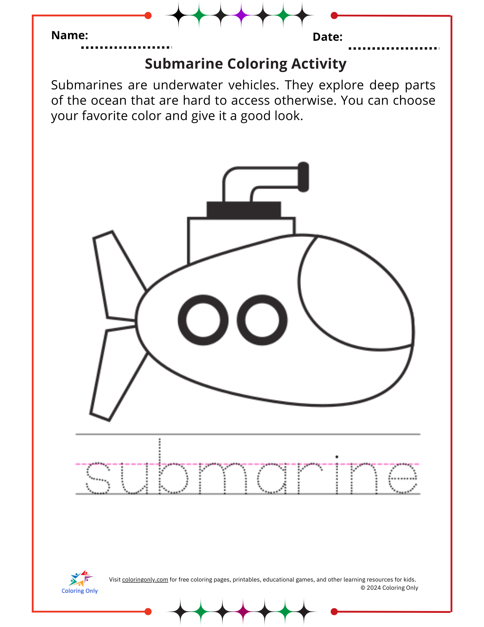 Submarine Coloring Activity Free Printable Worksheet