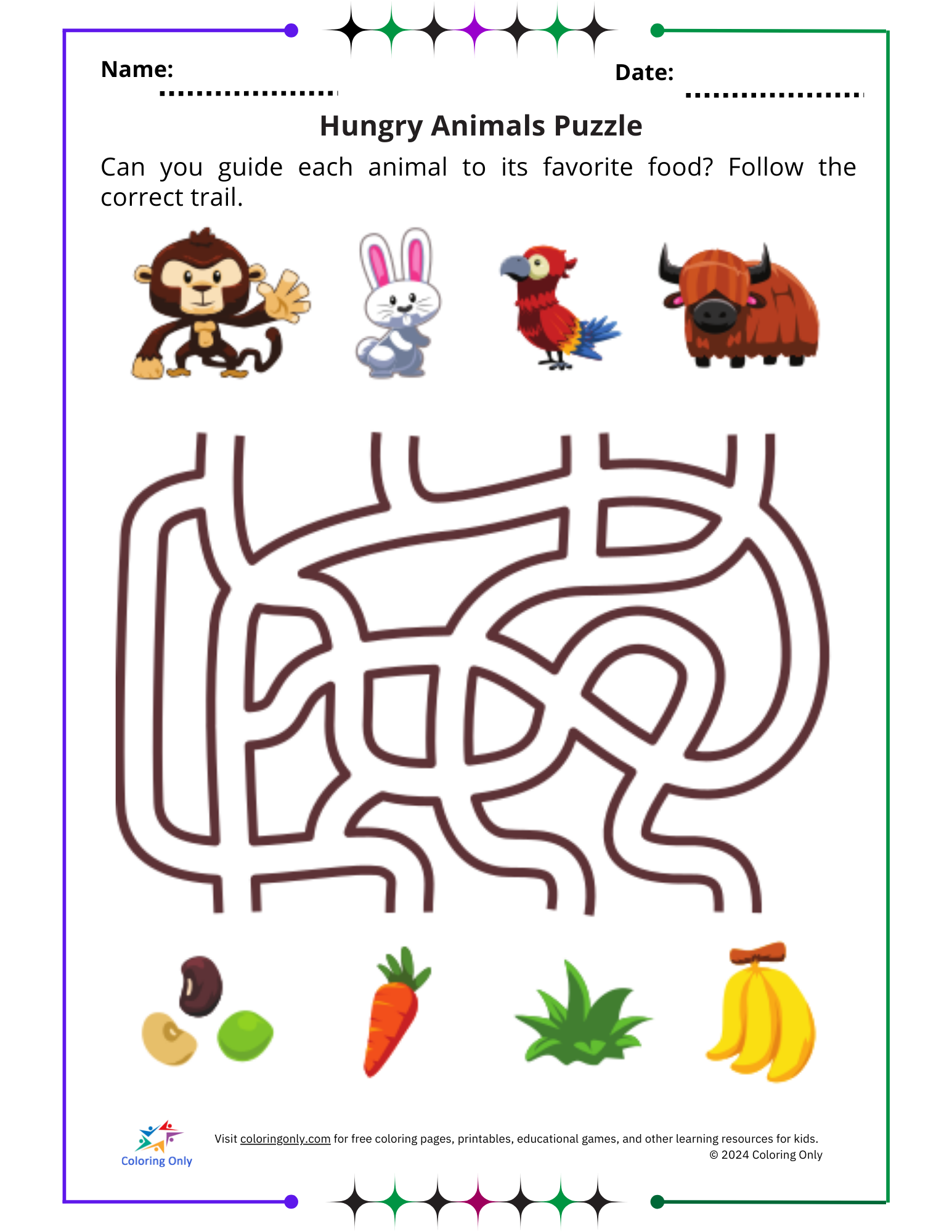 Hungry Animals Puzzle Free Printable Worksheet