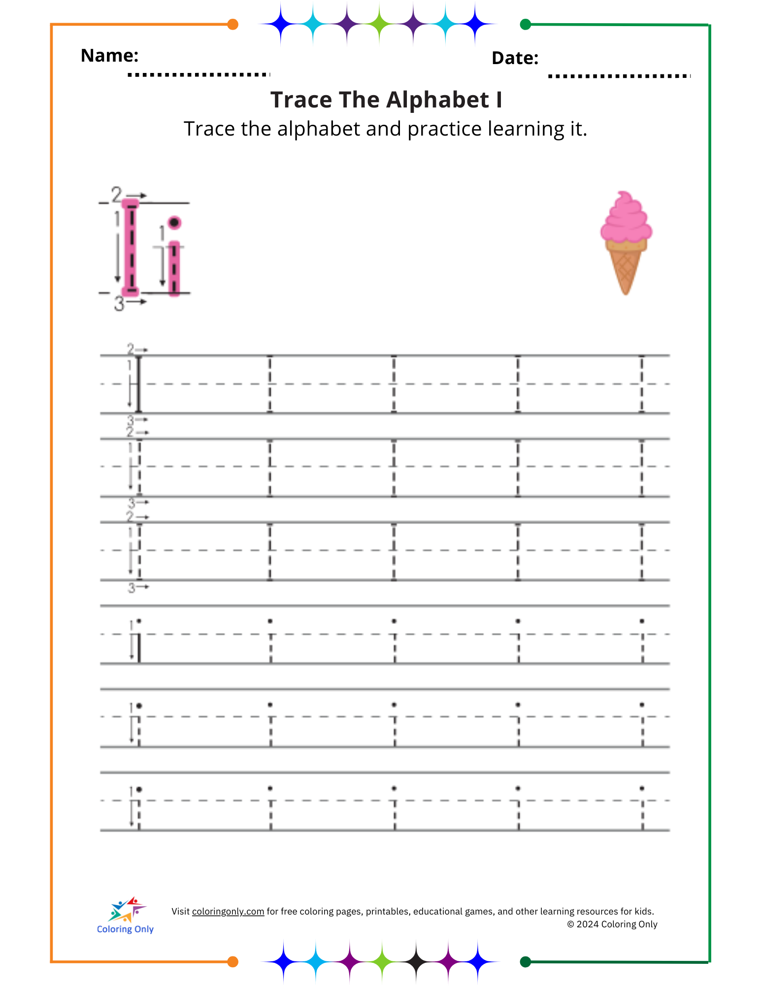 Trace The Alphabet I Free Printable Worksheet