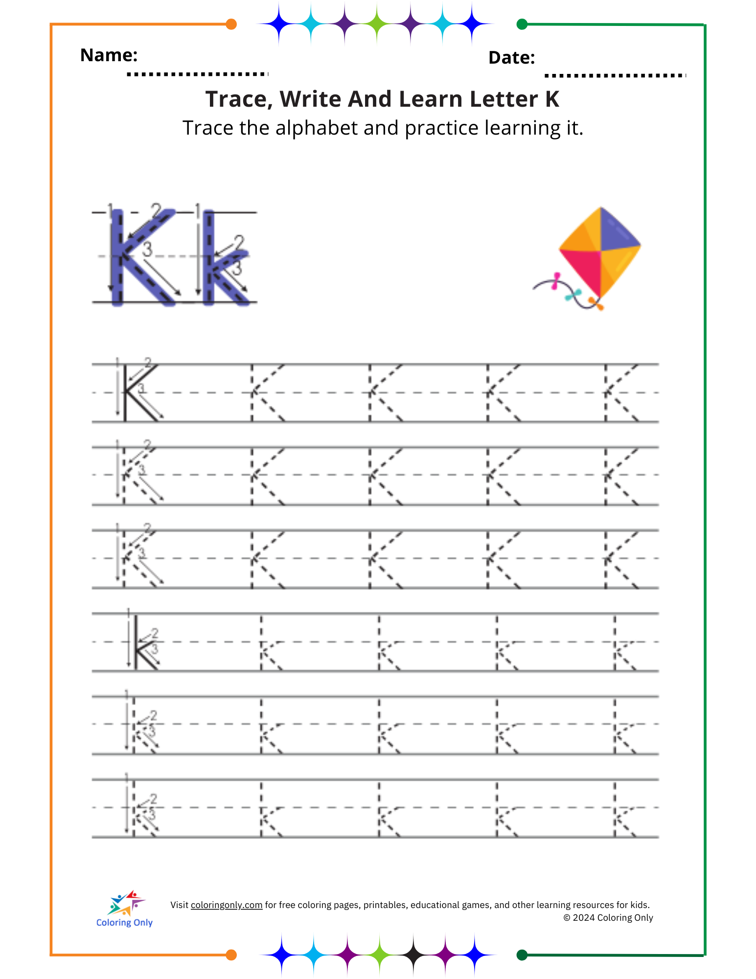 Trace, Write And Learn Letter K Free Printable Worksheet