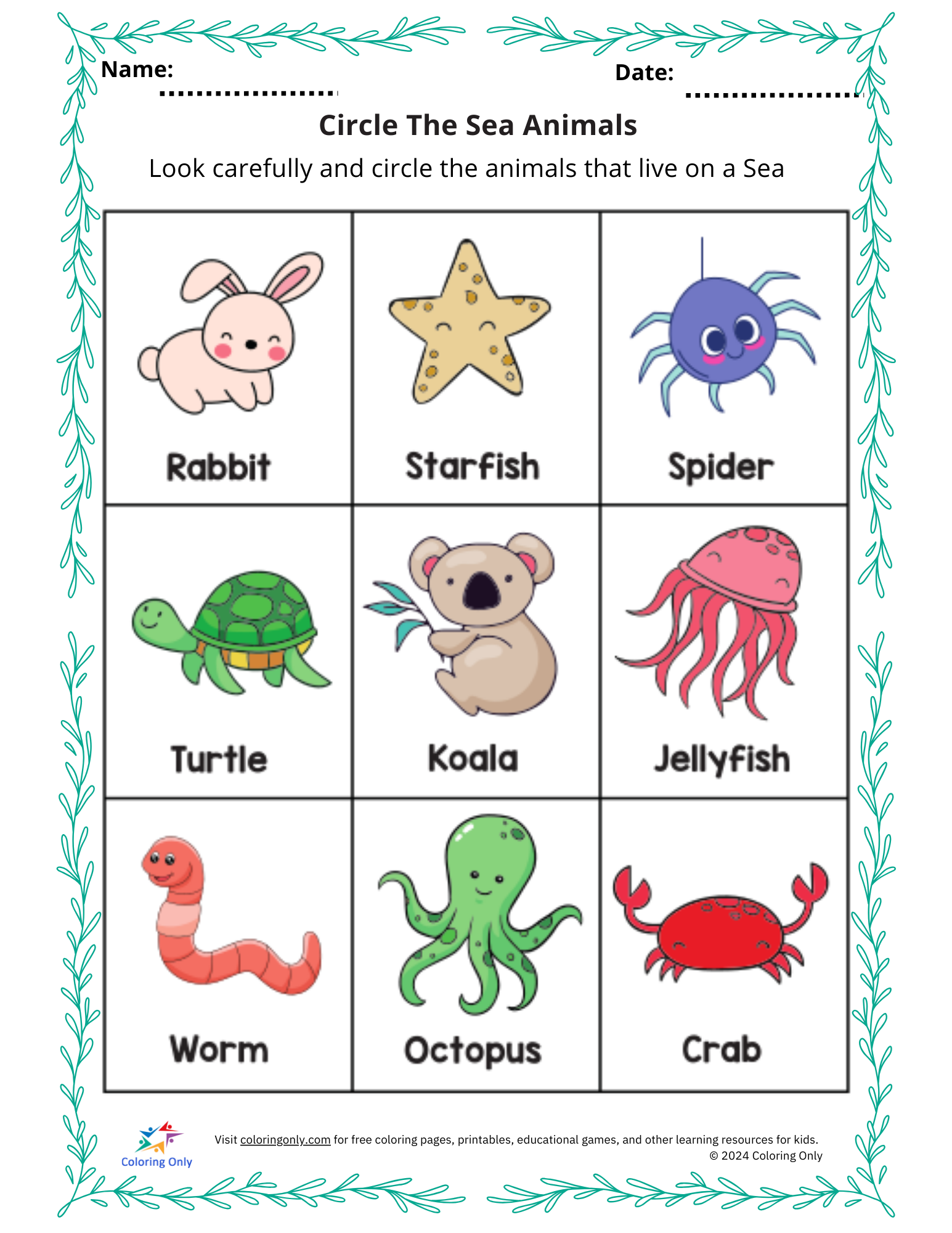 Circle The Sea Animals Free Printable Worksheet